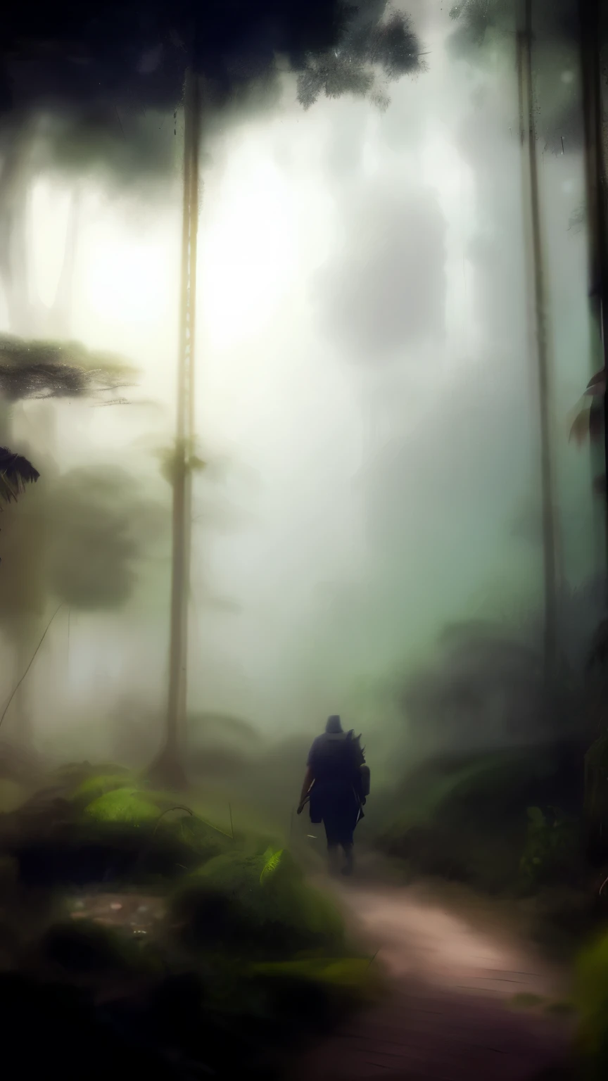 there is a man walking through a jungle with fog, thunder in the foggy jungle, foggy jungle, eerie jungle, foggy jungle in the background, atmospheric. digital painting, photorealistic dark concept art, game art matte painting, prowling through the forest, video game render, concept art for a video game, matte digital painting, dramatic lighting. concept art