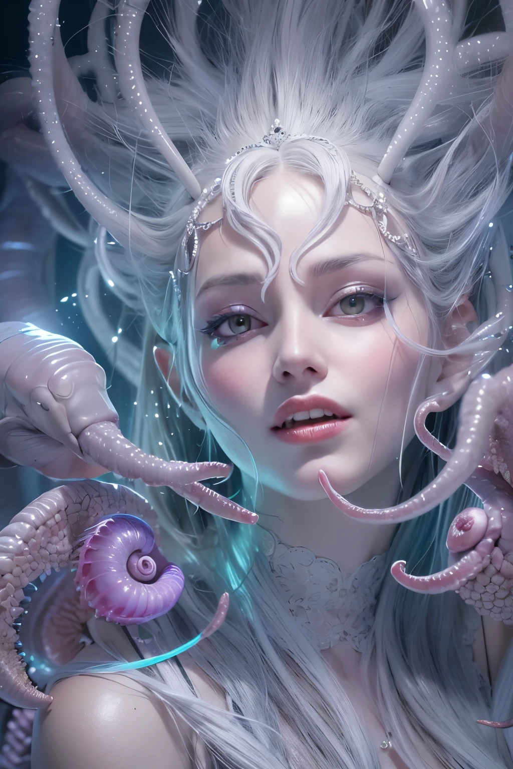 (A portrait of one beautiful and obscene female alien who is a young ager:1.4), ((There is a female genital-like organ in the middle of her forehead:1.8)), (realistic face:1.2), (Numerous award-winning masterpieces, with incredible detail, textures and maximum detail), artistic photography, midnight aura, unreal engine 5, Ultra Sharp Focus, art by Amano Yoshitaka, ArtGerm, Roisch, intricate artwork, ultra realistic realism, high resolution, High freshness, drawing faithfully, official art, Unity 8K Wall paper, ultra detailed artistic photography, dream-like, Creation of fantasy, dream Snail, (biopunk nautilus:1.3),Thrilling color schemes, seductively smiling, Amazing mutation, well-proportioned body, goddess of the deep sea, fractal, Geometric pattern, impossible figures, (translucent white tentacles with luminescent organs:1.4), subtle emerald green accents, (smiling seductively:1.3),(She has the most beautiful face in the history of the universe:1.5), Penelope Cruz, (she is looking down at viewers with glowing iridescent eyes with no pupils:1.3), an evil gaze that seduces, cinematic lighting, (Vampire-like long canine teeth can be glimpsed through the gap between the cute lips:1.3), in the hall of the palace, Sweet breath is exhaling from beautiful lips, ecstatic expression