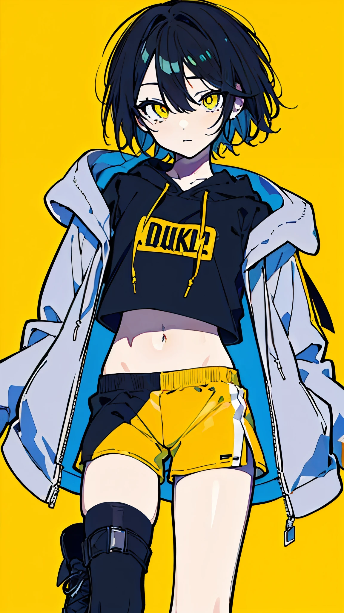 (masterpiece, highest quality:1.6), alone, thick outline, (simple background, Dark yellow background, monochrome, dark yellow theme:1.2), official art, Key Visual, 8K, disorganized, whole body, (Unique hair, Oversized Hoodies, black t-shirt under hoodie, hot pants, arch back, short torso:1.2), belly button, thighs, cowboy shot, HDR, sharp focus, High resolution, most detailed, very detailed, Super detailed, finely, detailed eyes and face, sharp pupils, realistic student