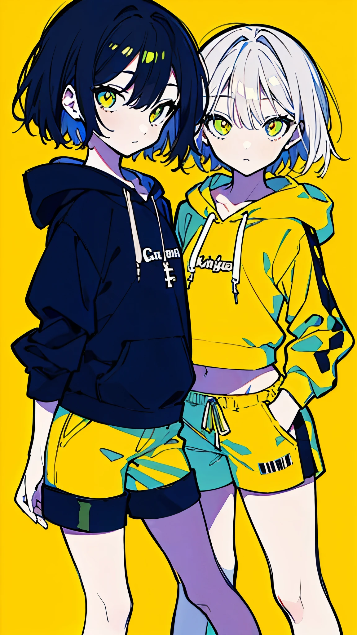 (masterpiece, highest quality:1.6), alone, thick outline, (simple background, Dark yellow background, twins, monochrome, dark yellow theme:1.2), official art, Key Visual, 8K, disorganized, whole body, (Unique hair, Oversized Hoodies, hot pants, arch back, short torso:1.2), belly button, thighs, cowboy shot, HDR, sharp focus, High resolution, most detailed, very detailed, Super detailed, finely, detailed eyes and face, sharp pupils, realistic student