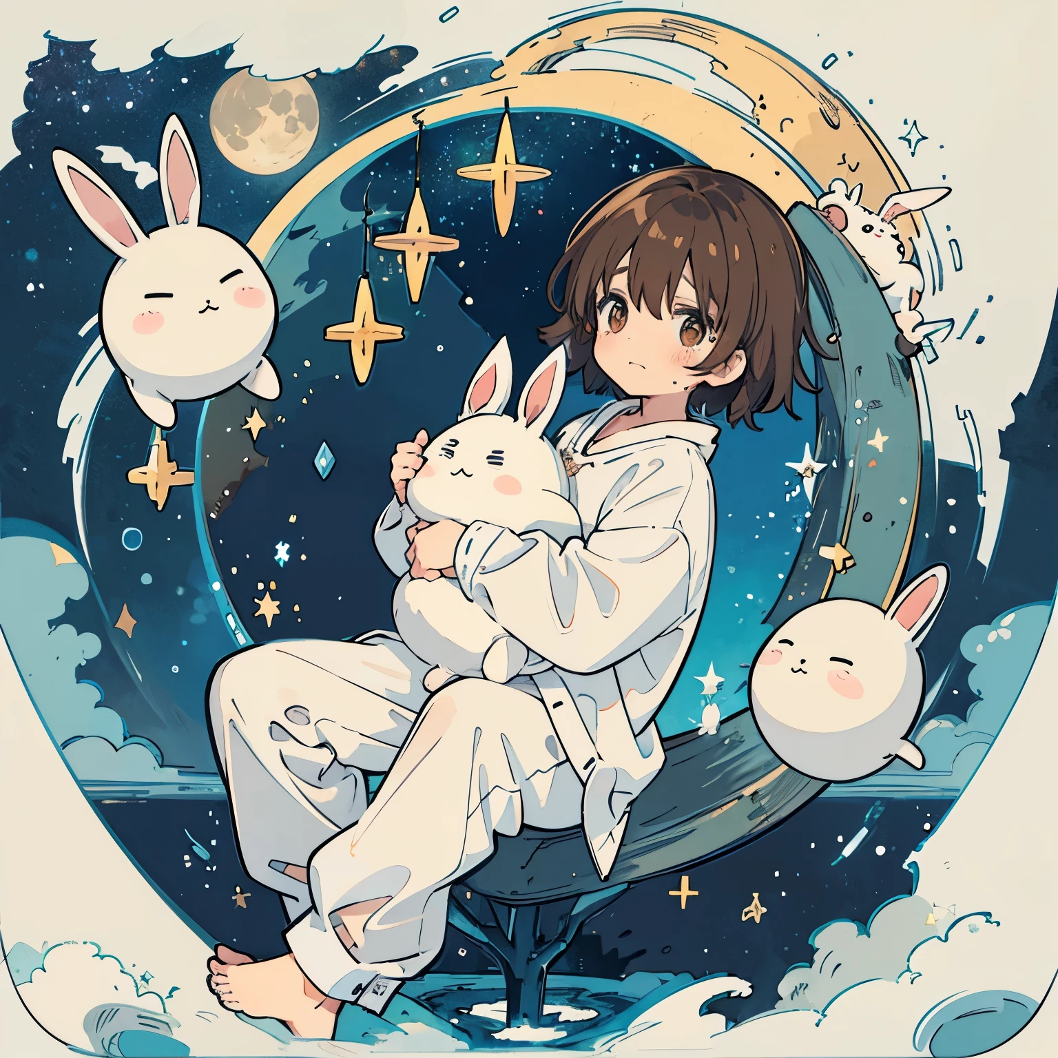A brown-haired boy wearing white pajamas is crying while holding a stuffed rabbit. Starry skies, tears, a big moon, the world of children's picture books,