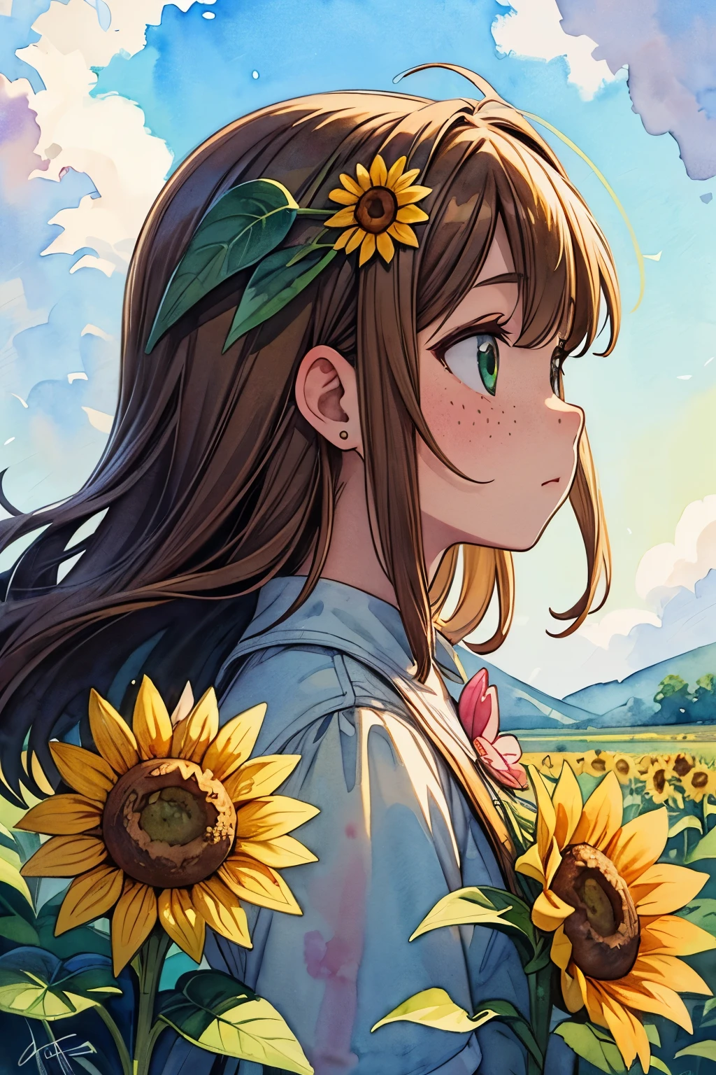 ((Masterpiece)), ((best quality)), (watercolor:1.3),1girl, solo, flower, sunflower, freckles, profile of face, leaf, bangs, signature, yellow flower, brown hair, long hair, green eyes, hair between eyes, flower earringscumulonimbus cloud, landscape,