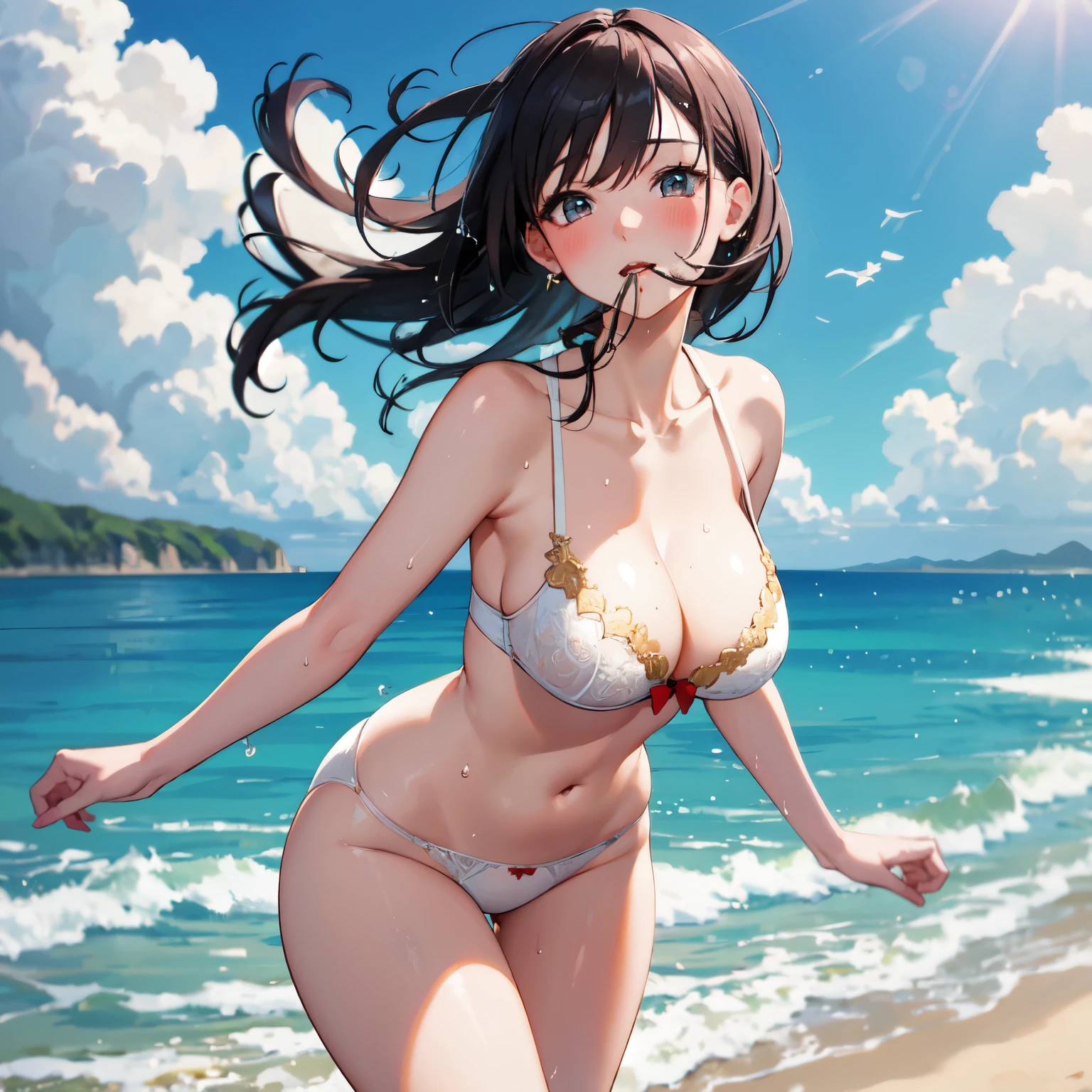 ((best quality)), ((masterpiece)), (detailed), perfect face,Big breasts,just two legs,at the seaside,wearing underwear,Wearing white,There is water on the face,blush,It's white,Underwear is red,There is gold in the mouth
