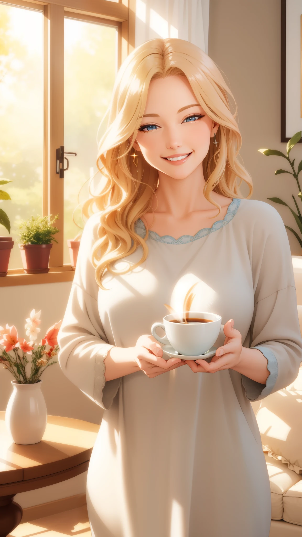 A beautiful blonde housewife in casual clothes, (best quality, high resolution, photo-realistic:1.37), vibrant colors, soft lighting, realistic textures, a cozy home environment, sunny and welcoming, a well-decorated living room, natural sunlight streaming in through the windows, comfortable furniture, a plush sofa, stylish decor accents, a bouquet of fresh flowers on the coffee table, a warm color palette, a serene atmosphere, smiling and content, a cup of coffee in hand, casual and relaxed, radiating happiness and a sense of peace, a beautiful smile on her lips, sunlight gently highlighting her face, sparkling blue eyes, long luscious eyelashes, her wavy blonde hair flowing elegantly, a subtle hint of makeup, clean and organized surroundings, a joyful and loving aura.