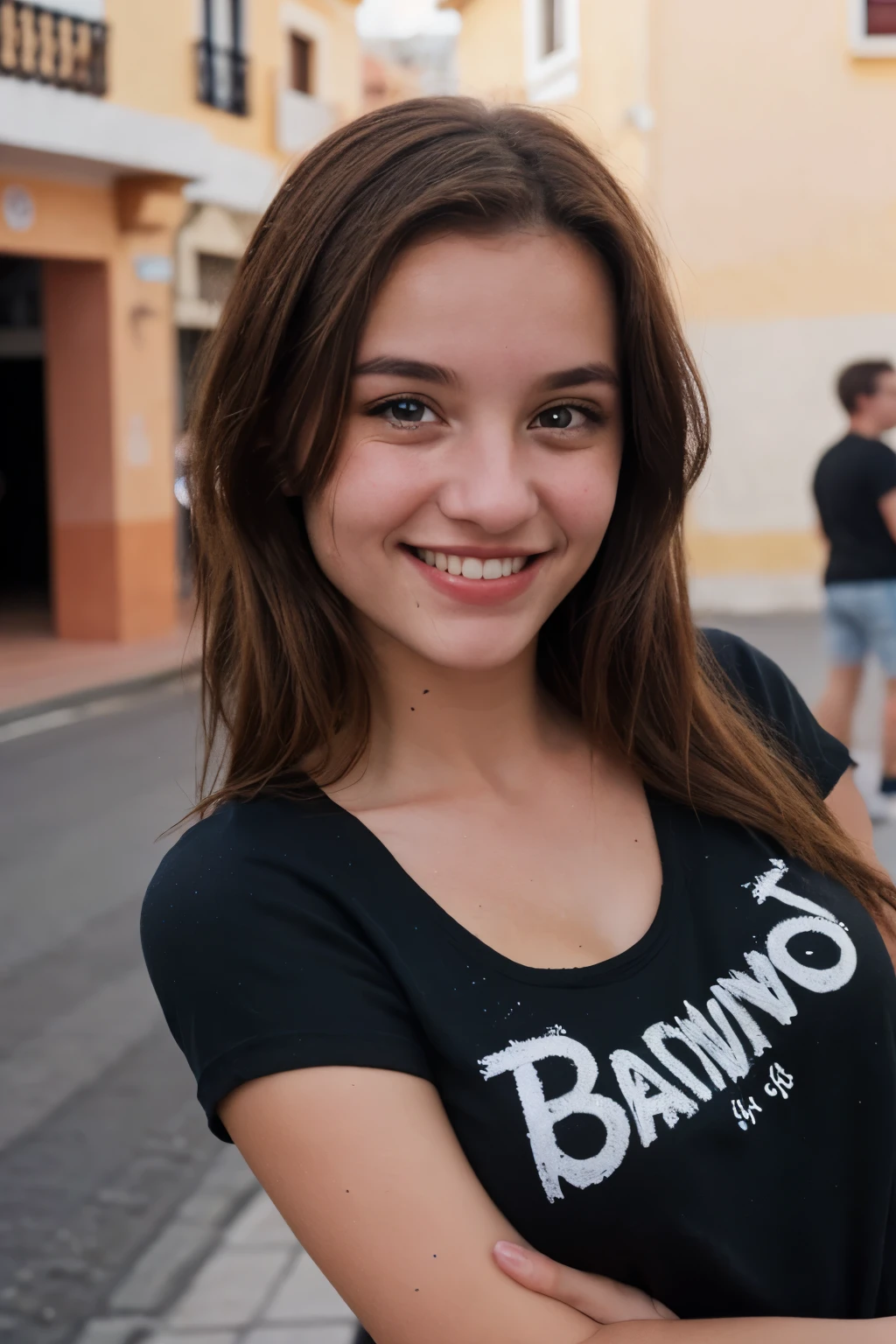 close shot of a young woman in the streets of Tenerife, with a jean and a black T-shirt, with 
brown hair, (((front side))), (((face to camera))), smiling, warm color, 50 mm, Ektachrome, 
