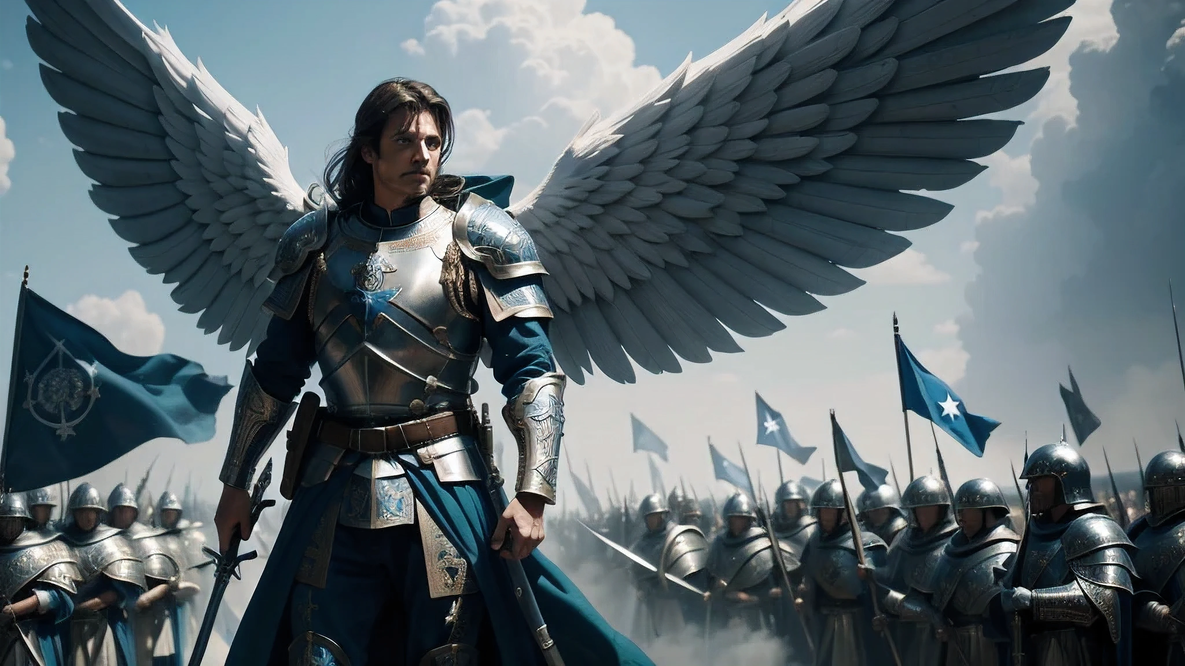 One strong angel standing in the middle of medieval battlefield holding blue|white flag with star of david , Wearing a divine armor, Big detailed angel's wings, among big army of demons with green flags trying to attack him , Award winning composition, Realistic, Best quality, Highly detailed, Wide image , Intricate details, trending on art station, Cinematic angle