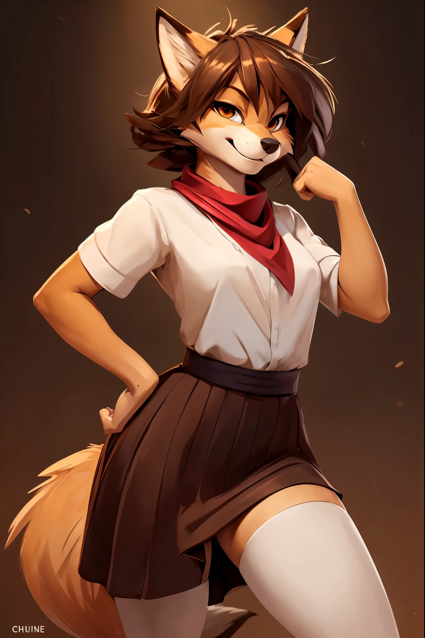 uploaded on e621, by Cory Loftis, by Chunie, by Kentowan, by darkgem, by einshelm, by bebebebebe, solo, 1 girl, female, (fox), light brown fox, fluffy, dsrk brown eyes, (light brown short hair, messy hair), smug, wearing a white shirt, red scout neckerchief, brown skirt and brown pantyhose, (dynamic pose), crazy smile, angry expression. looking at viewer, seductive looking, (dark yellow studio lighting), dark yellow rim light,(BOKEH:1.0), (portrait:1.2), (dark brown background:1.2), (discord profile pic), masterpiece, highress, photographed with a Hasselblad H6D-400c