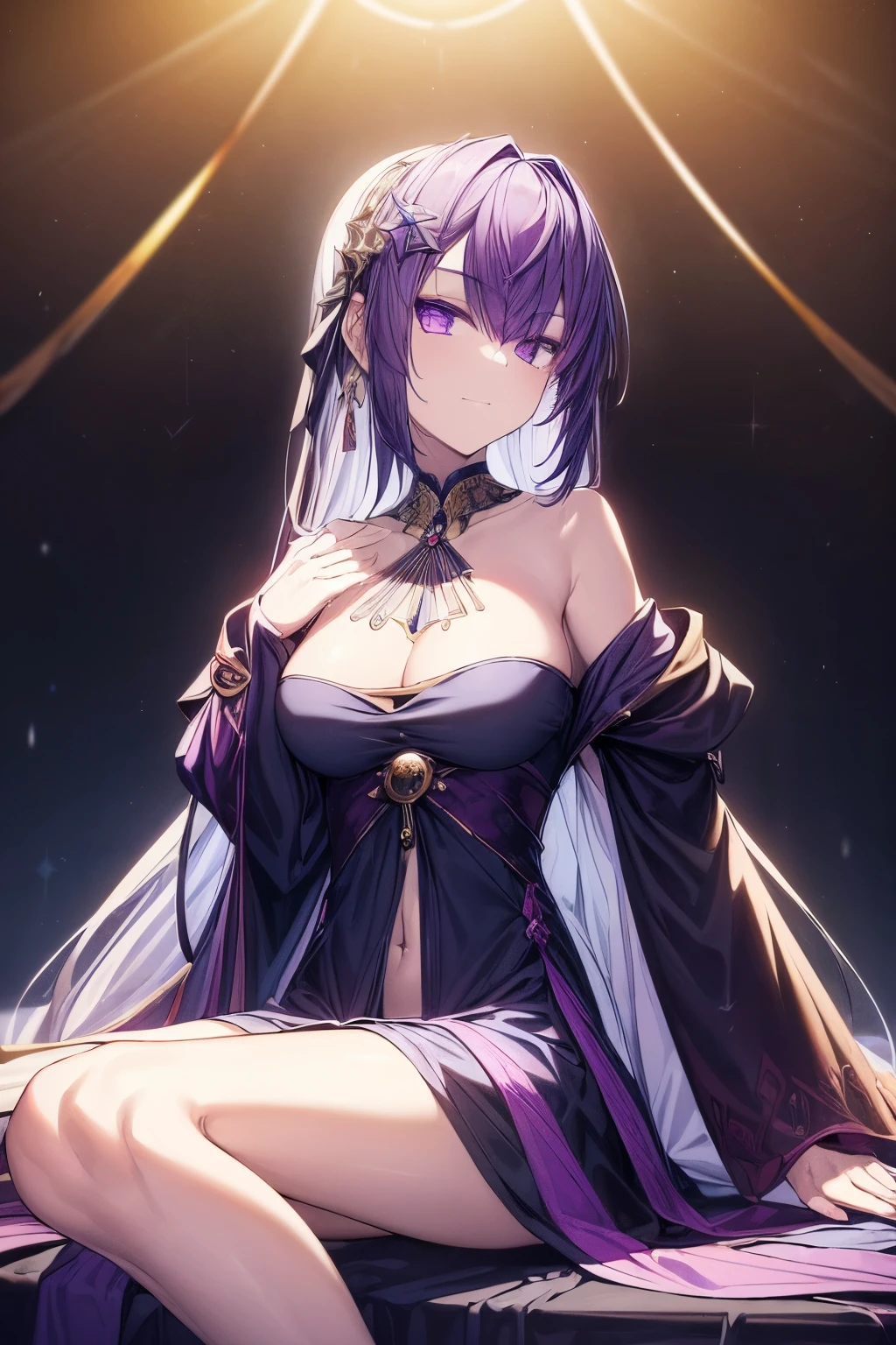 (masterpiece, top quality, best quality, official art, beautiful and aesthetic:1.2), (1girl:1.3), wavy long hair, light purple hair, extremely detailed, portrait, looking at viewer, solo, (full body:0.6), detailed background, close up, glowing eyes, (cold arctic winter theme:1.1), fortune teller, charlatan, smirk, mysterious, sitting at table, colorful shoulderless loose gypsy fortune teller clothes, chalice, tarot cards, crystal ball, medieval (tent interior:1.1) background, tent curtains in background, dark mysterious lighting, shadows, magical atmosphere, starry night,, dutch angle