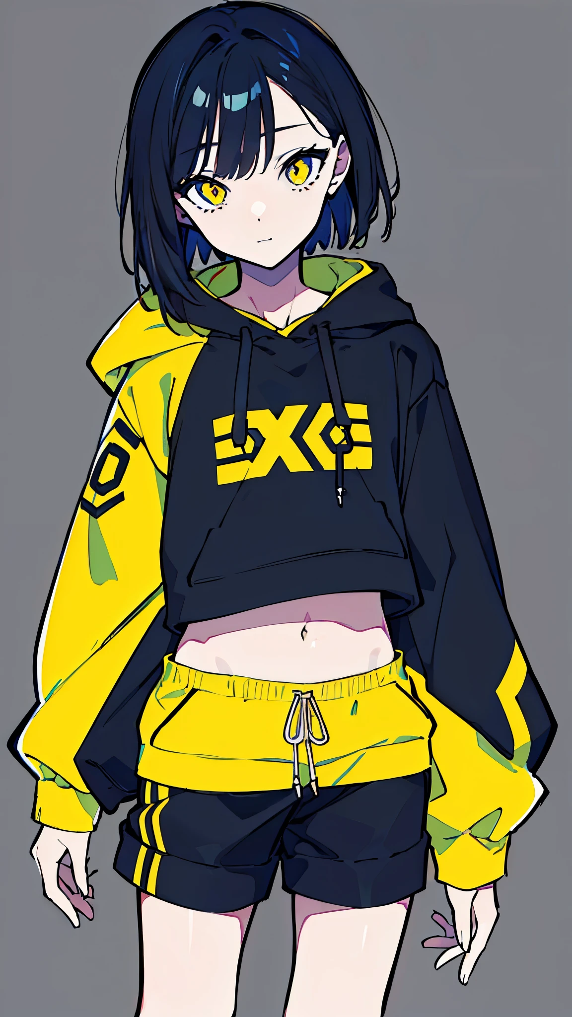 (masterpiece, highest quality:1.6), alone, thick outline, (simple background, Dark yellow background, monochrome, dark yellow theme:1.2), official art, Key Visual, 8K, disorganized, whole body, (Unique hair, Oversized Hoodies, One black spot on the hood, hot pants, arch back, short torso:1.2), belly button, thighs, cowboy shot, HDR, sharp focus, High resolution, most detailed, very detailed, Super detailed, finely, detailed eyes and face, sharp pupils, realistic student
