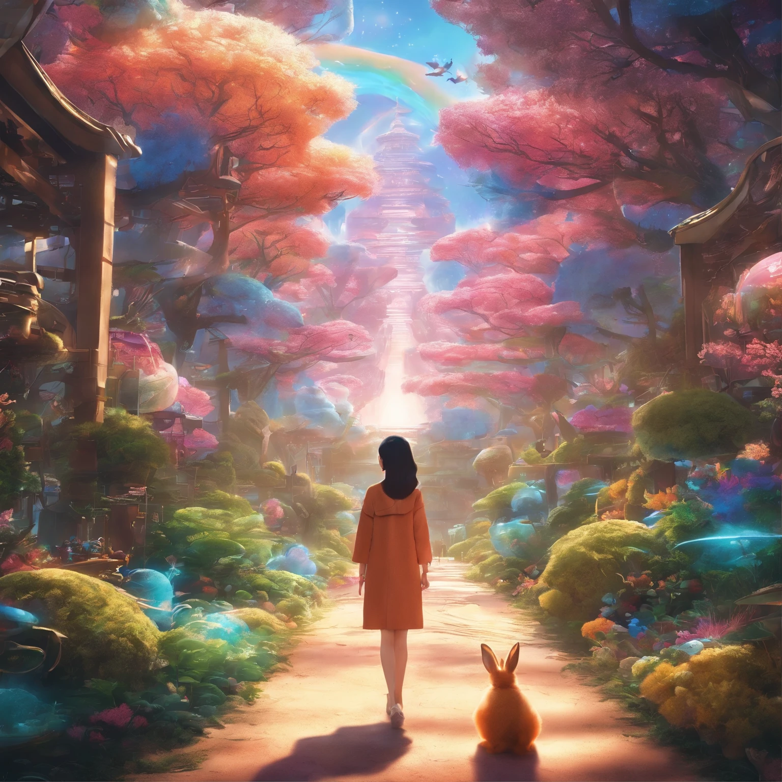 movie image quality,korean actress park shin hye from memories of alhambra kdarama with a cute rabbit, Disney animation, Disney animation style, Disney movie animation, 3D movies, Chinese style, explorer rabbit, walking through the colorful forest, with her rabbit fried, HD, children's painting, depth of fields, Light High, Real Light, Streak Traching, OC rendered, hyper-realistic, best quality, 8K, Master Works, super fine, detailed pubic hair, correct anatomy, sharp focus on eyes, bokeh, facial features are carefully described