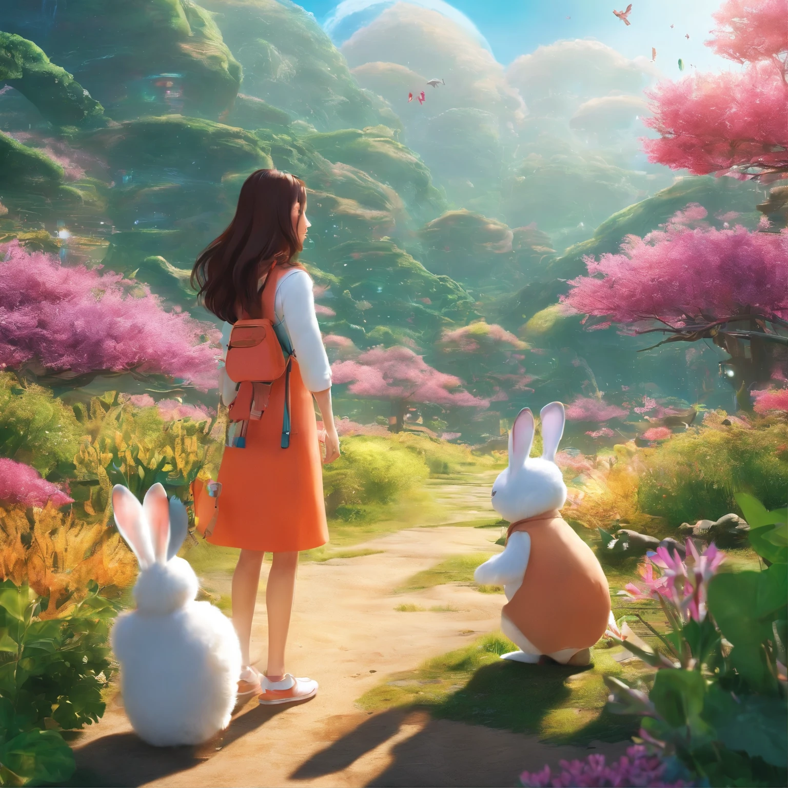 movie image quality,korean actress park shin hye from memories of alhambra kdarama with a cute rabbit, Disney animation, Disney animation style, Disney movie animation, 3D movies, Chinese style, explorer rabbit, walking through the colorful forest, with her rabbit fried, HD, children's painting, depth of fields, Light High, Real Light, Streak Traching, OC rendered, hyper-realistic, best quality, 8K, Master Works, super fine, detailed pubic hair, correct anatomy, sharp focus on eyes, bokeh, facial features are carefully described