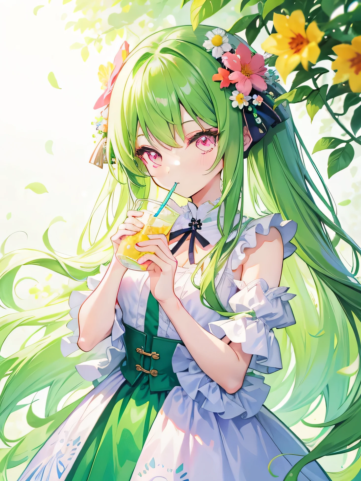 no background,green long hair cartoon girl drinking a drink,Many flowers are blooming in my hair,Soda themed girl, Cute girl anime visual, pink eyes,cute anime face, kawaii anime manga style