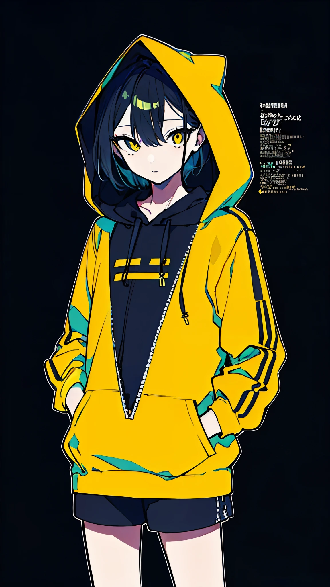 (masterpiece, highest quality:1.6), alone, thick outline, (simple background, Dark yellow background, monochrome, dark yellow theme:1.2), official art, Key Visual, 8K, disorganized, whole body, (Unique hair, Oversized Hoodies, hot pants, arch back, short torso:1.2), belly button, thighs, cowboy shot, HDR, sharp focus, High resolution, most detailed, very detailed, Super detailed, finely, detailed eyes and face, sharp pupils, realistic student, solo