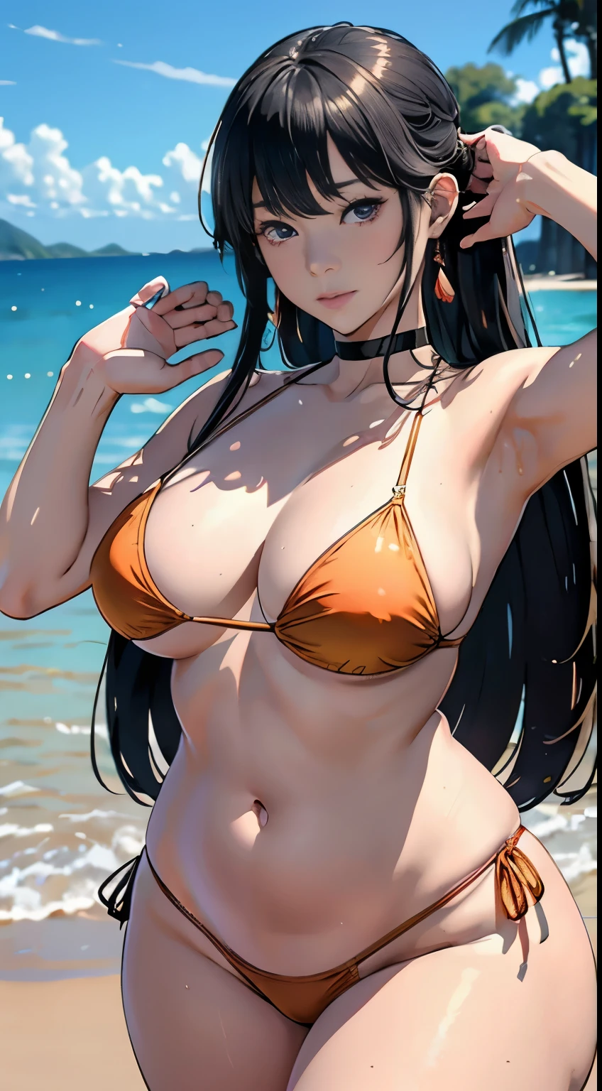 (8K, RAW photo, highest quality, masterpiece:1.2), one woman、18 year old Japanese,whole body.{cinematic angle、wide angleの}(realistic skin 1.4)、(((Swim in the sandy beach)))、(((nude、bikini、topless)))((Hop on the sandy beach))、50mm lens、30mm film、wide angle、(long hair、Okappa)、(black haired、The forehead is hidden by bangs、)、black eye、shiny skin.beautiful and delicate face、beautiful and delicate eyes、{big breasts、、plump body shape、thick thighs}、One piercing in each ear、