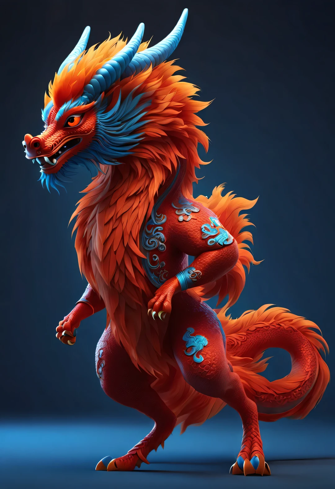 3d rendering, realistic fur, red wallpaper, Simple modern style, beautiful wallpaper,(The cute anthropomorphic zodiac dragon takes an exaggerated gait),orange fur, big blue eyes, Narrow your eyes and smile mischievously , wearing scarlet clothes, Wearing an embroidered hoodie, (Neck is super long:0.85),Slender and well-proportioned, frontal portrait, (looking at camera), Beijing, 🦑 design), 杂志design风格,