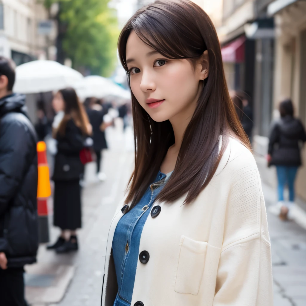 A young woman standing on the street, blur background, beatiful, photorealistic