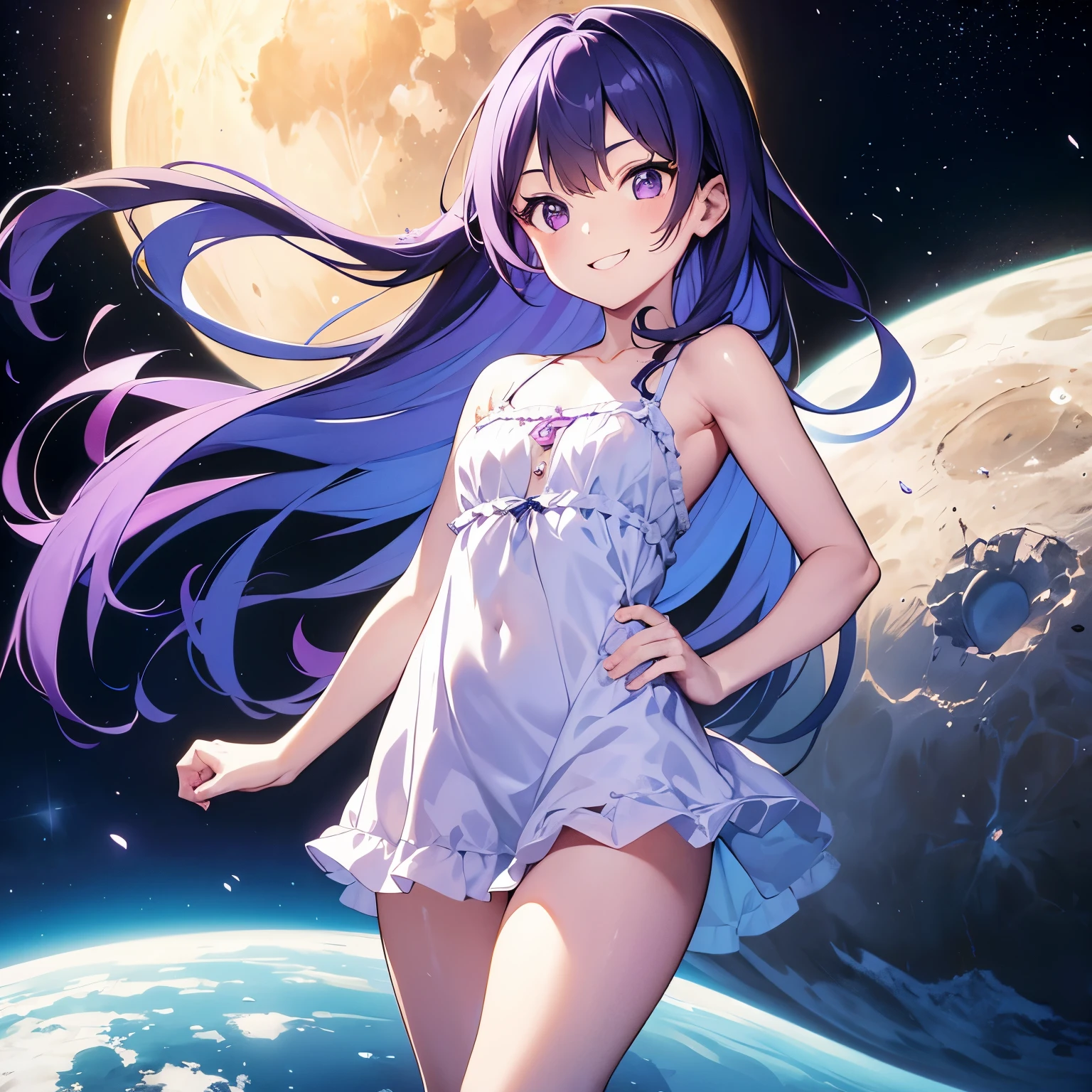 master part, high, high quality, detailed face, Detailed body, full body, slim body, nude, 1girl, solo, hinata hyuuga, blue hair, white eyes, nude shoulders, large breasts, necklace, bracelet, hair ornament, standing, happy, blushes, hands on own chest, night, space, nebula, moon and stars, galaxy,