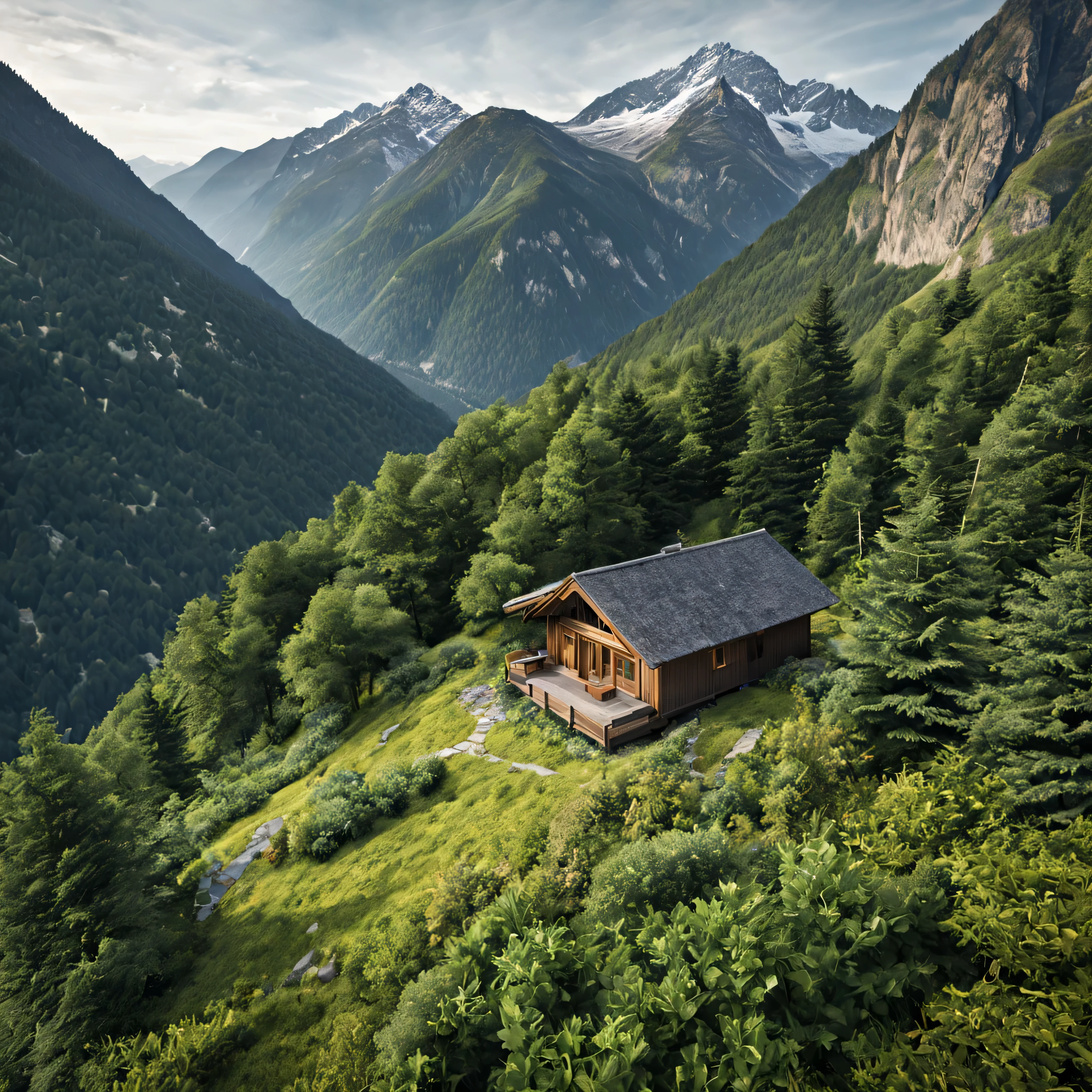 Design an bird view of the hut, the hut seamlessly blends with its surroundings mountains, embracing the natural landscape. Consider sustainable elements and eco-friendly features. Describe the architecture, materials, and layout, ensuring harmony with the mountainscape. Explore ways to bring the outdoors in, creating a tranquil retreat that celebrates the beauty of the mountains. Ultrarealistic, photoreal, ultratedailed, 4K