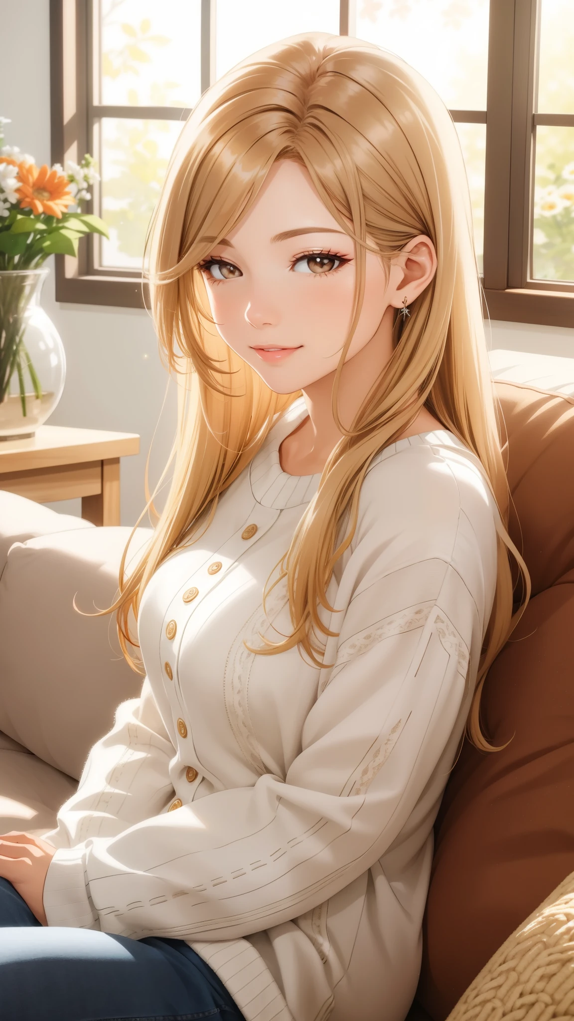 A beautiful housewife in casual clothes, long hair, [[[brown hair]]], blonde hair, swept-side bangs hair, (best quality, high resolution), vibrant colors, soft lighting, realistic textures, a cozy home environment, sunny and welcoming, a well-decorated living room, natural sunlight streaming in through the windows, comfortable furniture, a plush sofa, stylish decor accents, a bouquet of fresh flowers on the coffee table, a warm color palette, a serene atmosphere, casual and relaxed, radiating a sense of peace sunlight gently highlighting her face, sparkling brown eyes, a subtle hint of makeup, clean and organized surroundings
