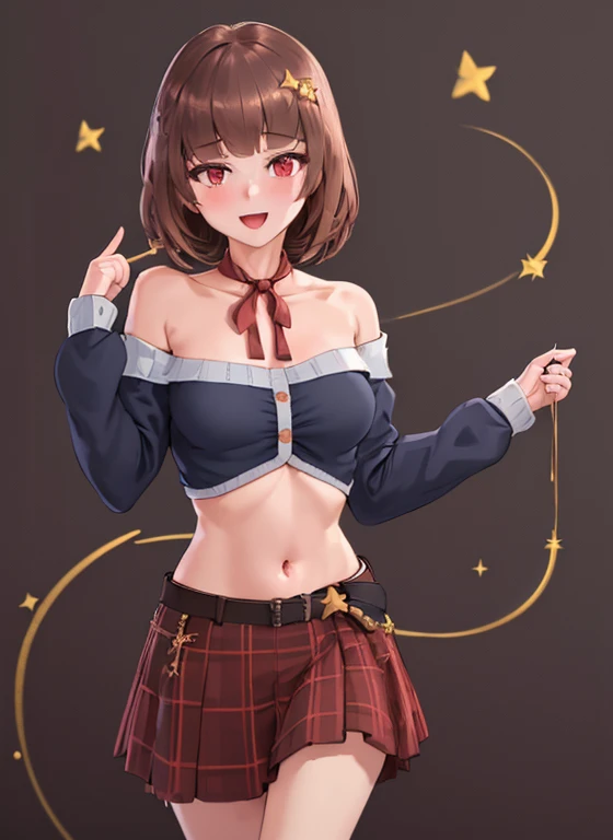 best quality, (masterpiece),(ultra-detailed), (high quality), (high resolution), 1girl, bangs, bare shoulders, blunt bangs, blush, bow, breasts, brown hair, hair ornament, midriff, neck ribbon, off shoulder, off-shoulder shirt, off-shoulder sweater, one eye closed, open mouth, plaid skirt, red eyes, red ribbon, short hair, smile, solo, star (symbol), star hair ornament, starvt, NSFW