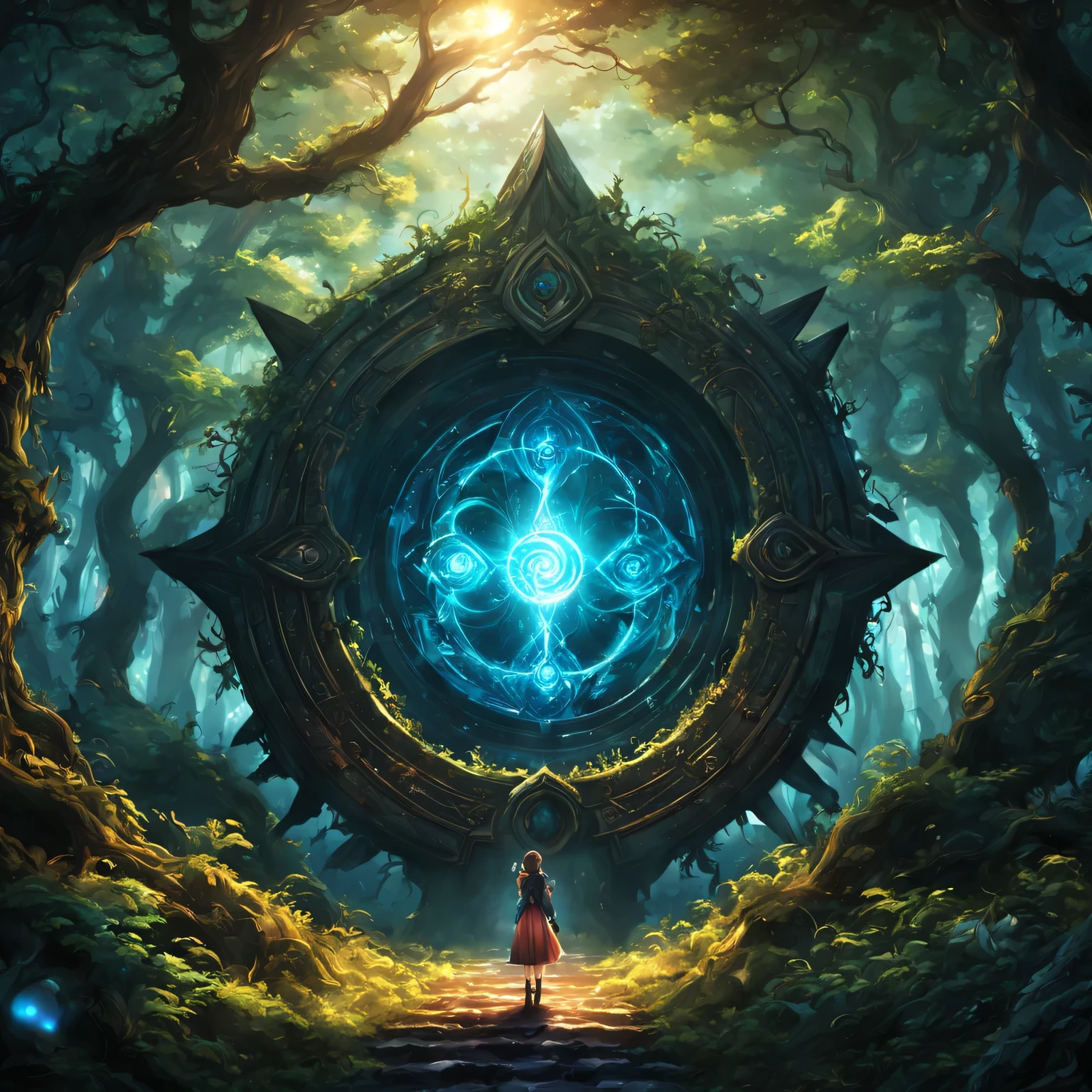 (Japanese cartoons, fantasy, Web portals),(best quality, high resolution, human development report:1.2),bright colors,mysterious atmosphere,magical Web portals,mysterious creature,enchanted forest,glowing runes,ethereal light,fantastic scenery