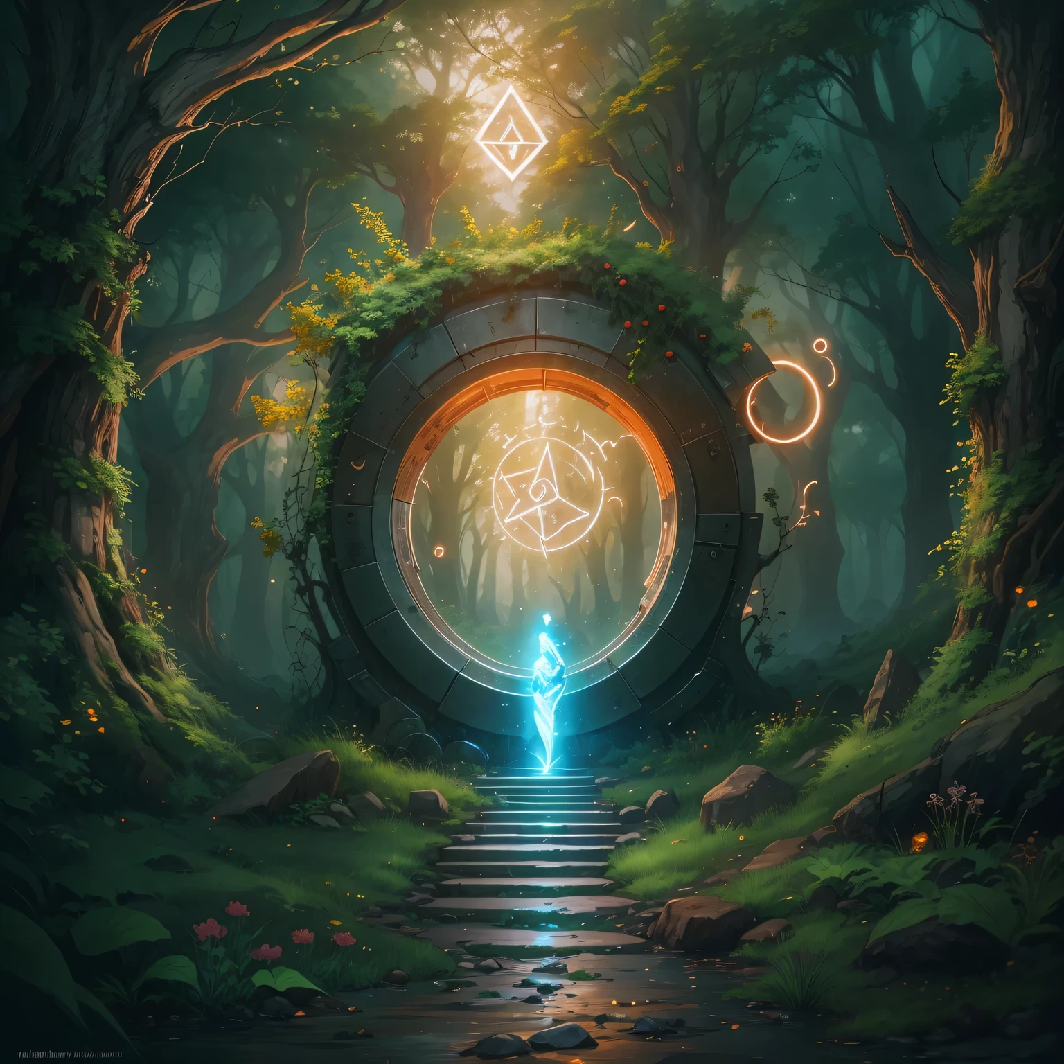 (Japanese cartoons, fantasy, Web portals),(best quality, high resolution, human development report:1.2),bright colors,mysterious atmosphere,magical Web portals,mysterious creature,enchanted forest,glowing runes,ethereal light,fantastic scenery