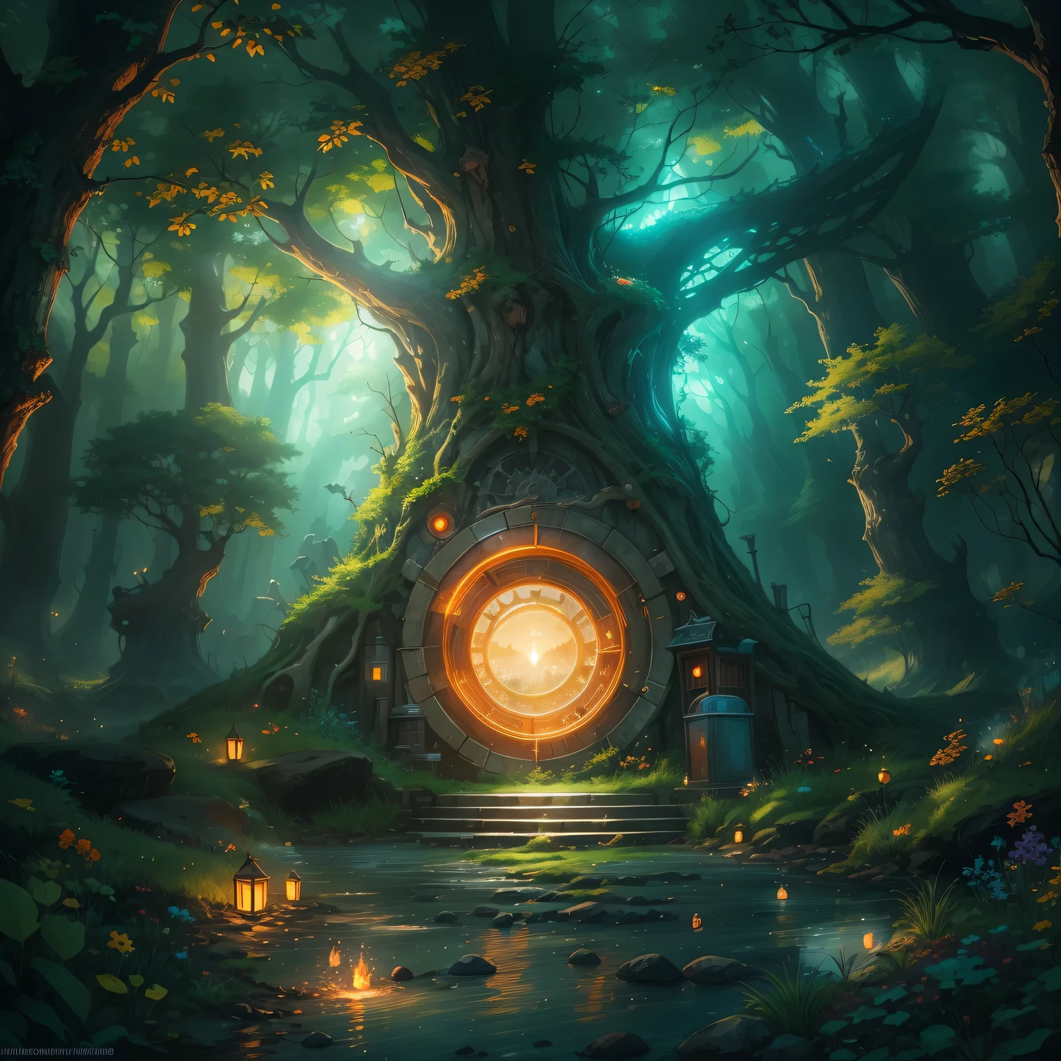 (Japanese cartoons, fantasy, Web portals),(best quality, high resolution, human development report:1.2),bright colors,mysterious atmosphere,magical Web portals,mysterious creature,enchanted forest,glowing runes,ethereal light,fantastic scenery