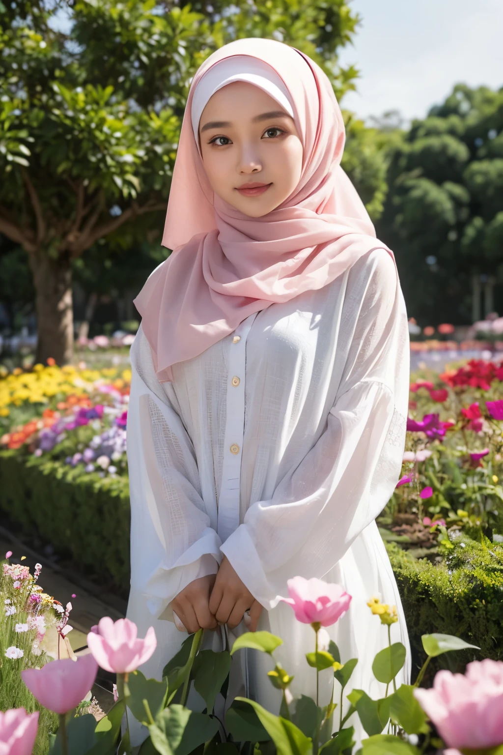 (a beautiful 20-year-old indonesian woman wearing a hijab, confident expression, bright eyes), in flower garden, loght bright
