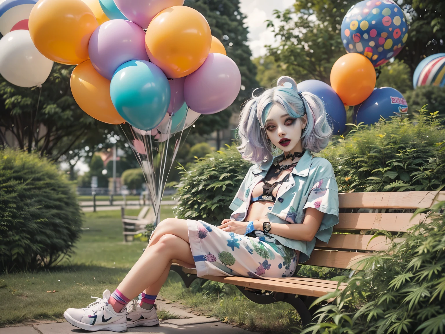 ((Benevolent athletic ((Indonesian)) (pastel goth) clown)) with (curly multi-colored hair) sitting on park bench while making balloon animal, wearing loose fitting clown attire, wearing smartwatch, plump thighs, high quality photo, sitting in the middle of (dense cannabis sativa shrub Park showing dinosaur playground in background),