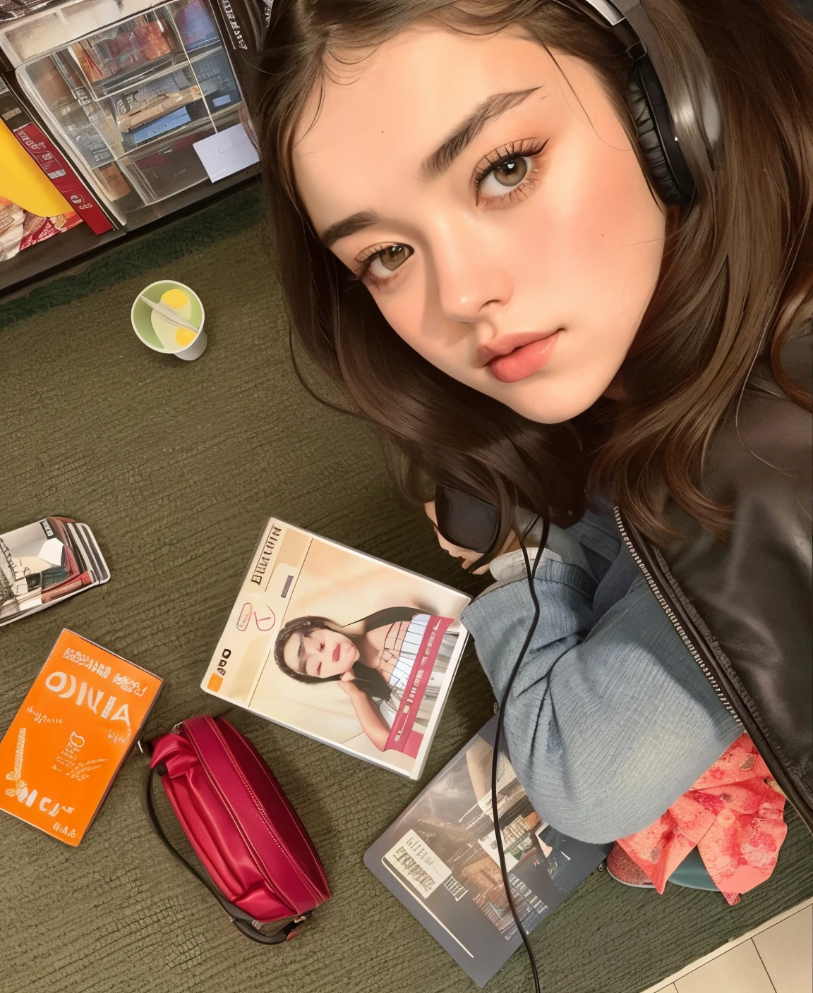 airy woman with headphones sitting on the floor next to a laptop, lorde, Maisie Williams, em uma loja de discos, Florence Pugh, no estilo de Petra Collins, eva elfo, foto do snapchat, por Romain Brook, Amanda Clarke, sentado na prateleira de uma loja, exclusivo, por Juan O'Gorman, inspirado em Liza Donnelly, Phoebe Tonkin