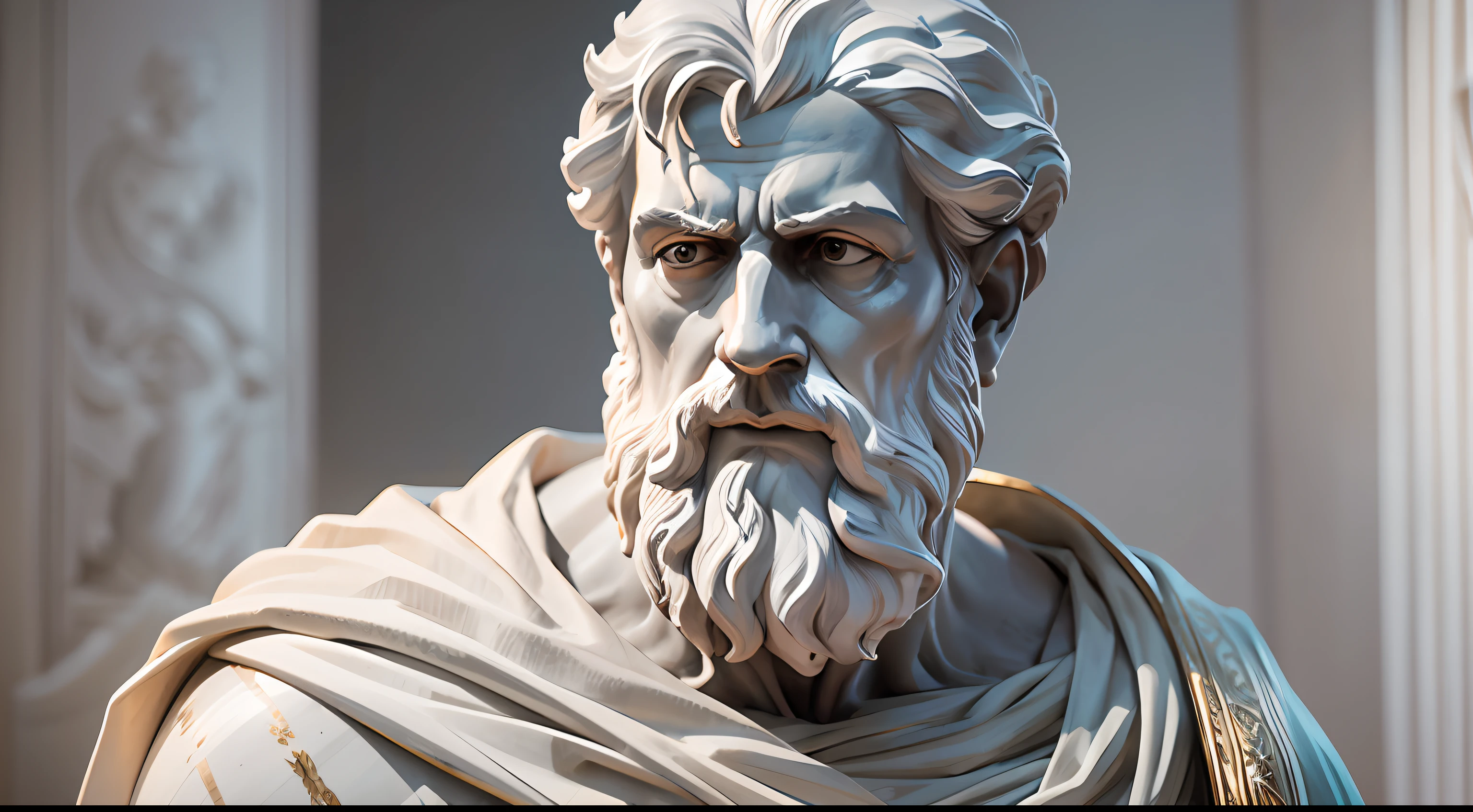 a realistic of bust greek white marble statue of aristoteles philosopher wearing a ghostly toga, neutral background, moody, stoic , photorealistic, cinematic scene, super detailed, hyper realistic, bright lights, 8 k --auto --s2