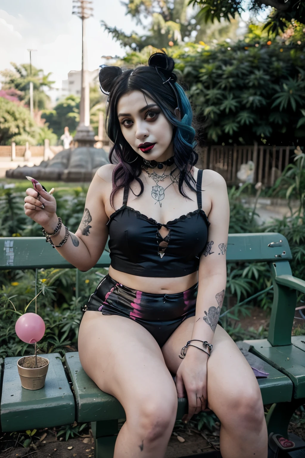 ((Benevolent plump young ((Indonesian)) (pastel goth) clown)) with (curly multi-colored hair) sitting on park bench while setting up hookah, wearing loose fitting clown attire, wearing spiked bracelets, plump thighs, high quality photo, sitting in the middle of (dense  sativa shrub Park showing dinosaur playground in background),