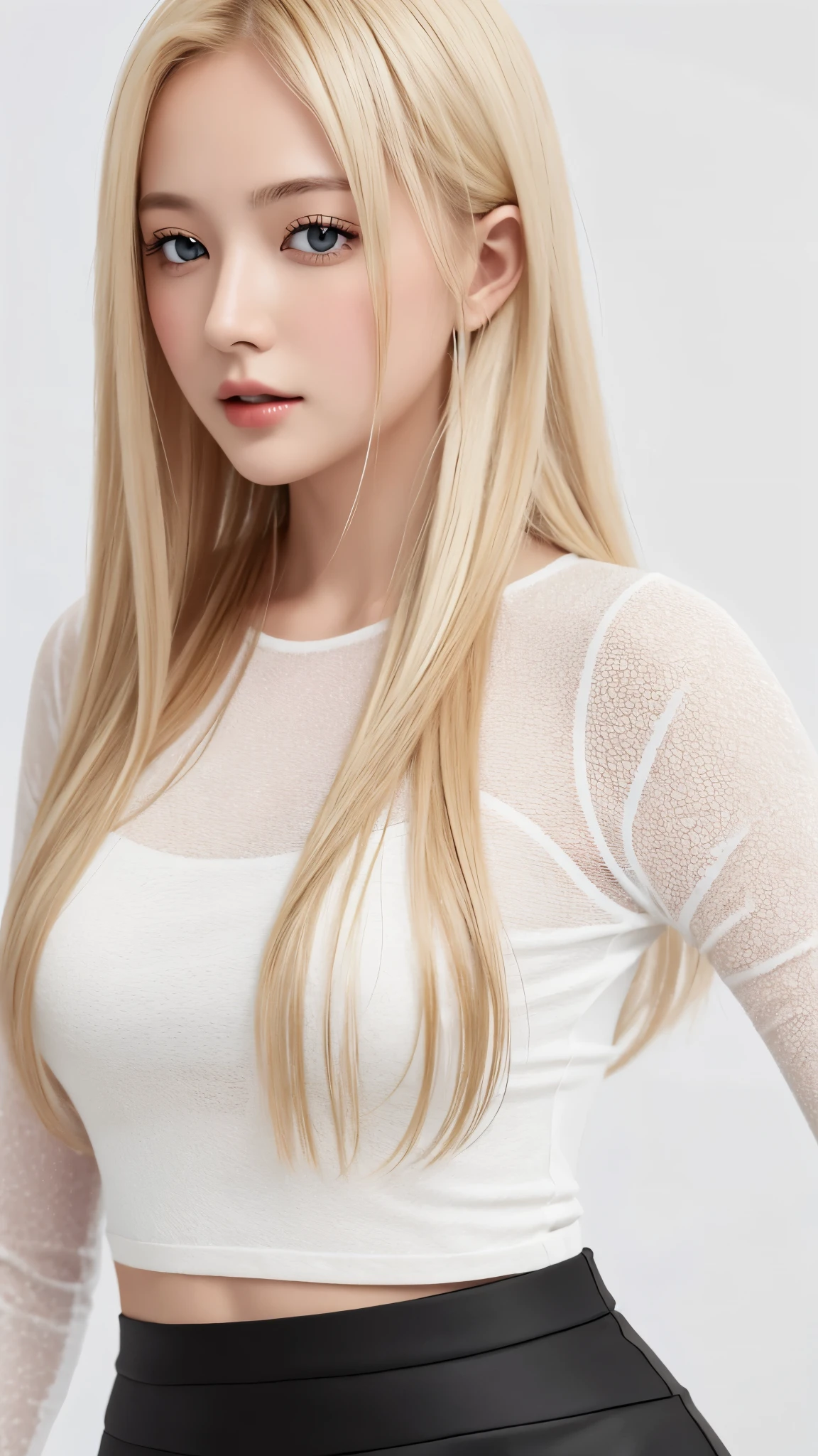 close-up of upper body、Navel exposed、Russian、white people、blonde、long hair、nordic、girl、美girl、see through blouse、black tight skirt、1girl in, age25, Solo, Looking at Viewer, Brown eyes, Realistic, A sexy、美girl、well-groomed face、masterpiece、beautiful woman, (highest quality:1.2), [:intricate details:0.2],white background、simple background、dynamic pose