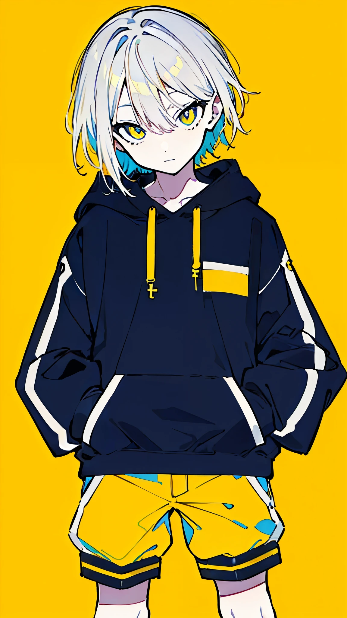 (masterpiece, highest quality:1.6), alone, thick outline, (simple background, Dark yellow background, monochrome, dark yellow theme:1.2), official art, Key Visual, 8K, disorganized, whole body, (Unique hair, Oversized Hoodies, hot pants, arch back, short torso:1.2), belly button, thighs, cowboy shot, HDR, sharp focus, High resolution, most detailed, very detailed, Super detailed, finely, detailed eyes and face, sharp pupils, realistic student, solo, contrast between yellow and light blue, solo, hands in pockets