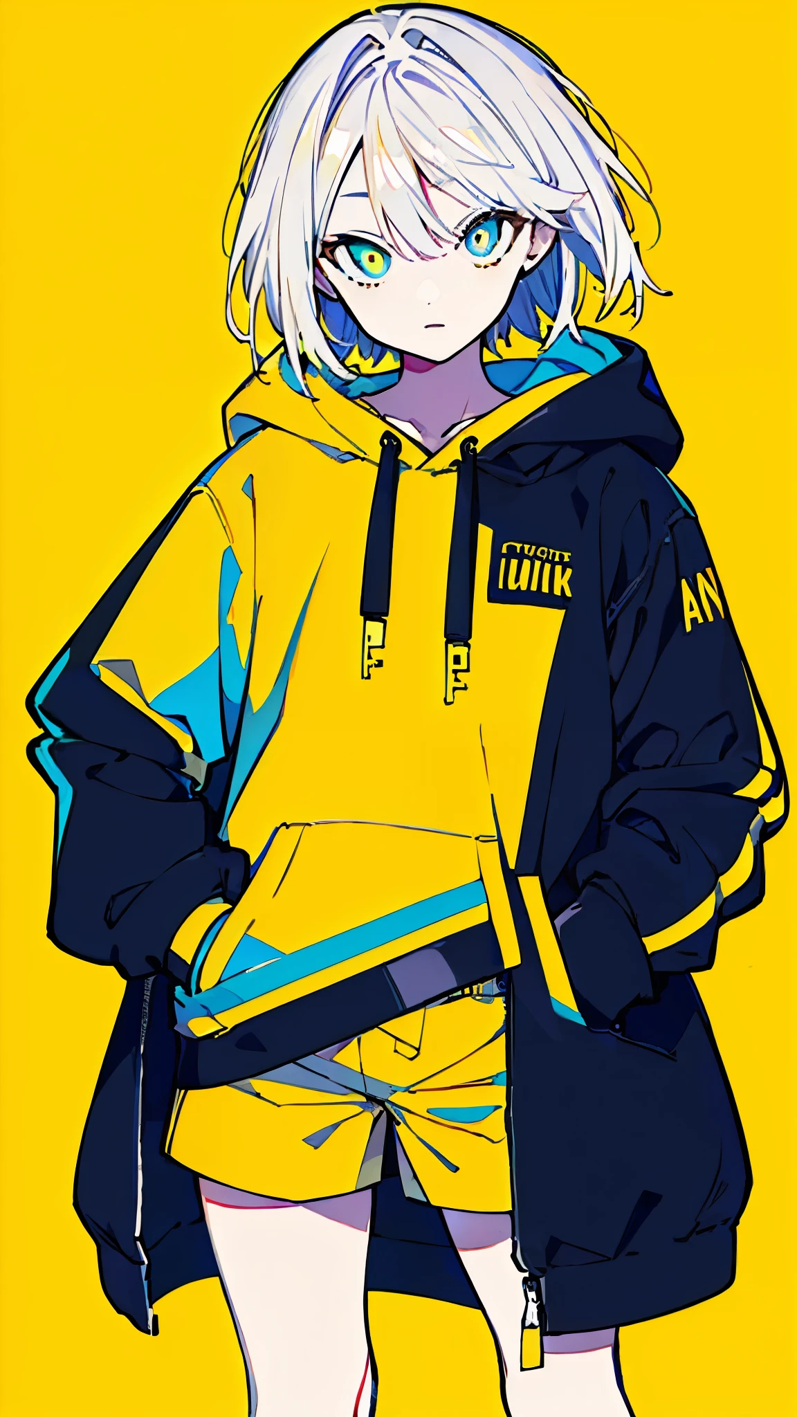 (masterpiece, highest quality:1.6), alone, thick outline, (simple background, Dark yellow background, monochrome, dark yellow theme:1.2), official art, Key Visual, 8K, disorganized, whole body, (Unique hair, Oversized Hoodies, hot pants, arch back, short torso:1.2), belly button, thighs, cowboy shot, HDR, sharp focus, High resolution, most detailed, very detailed, Super detailed, finely, detailed eyes and face, sharp pupils, realistic student, solo, contrast between yellow and light blue, solo, hands in pockets