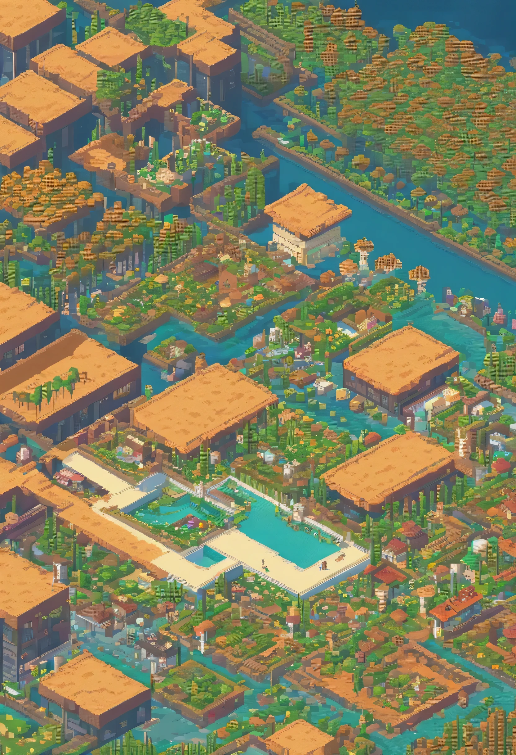 pixel art4K壁纸, 令人难以置信的pixel art, furniture showroom, There are many glass rooms, puzzle-like building, top view, Magical place, nature, pixel art, high detail