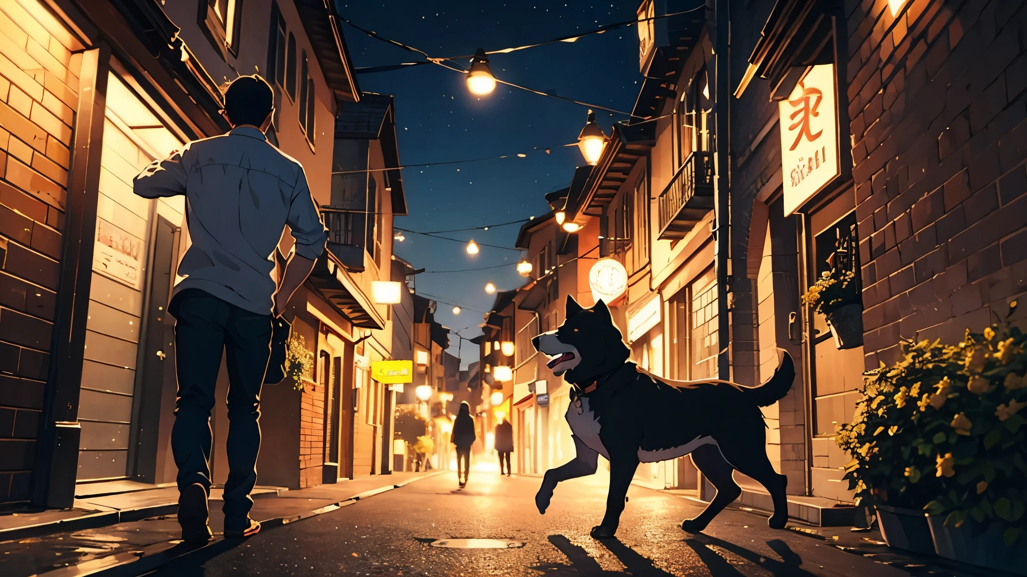 Man playing with dog at night