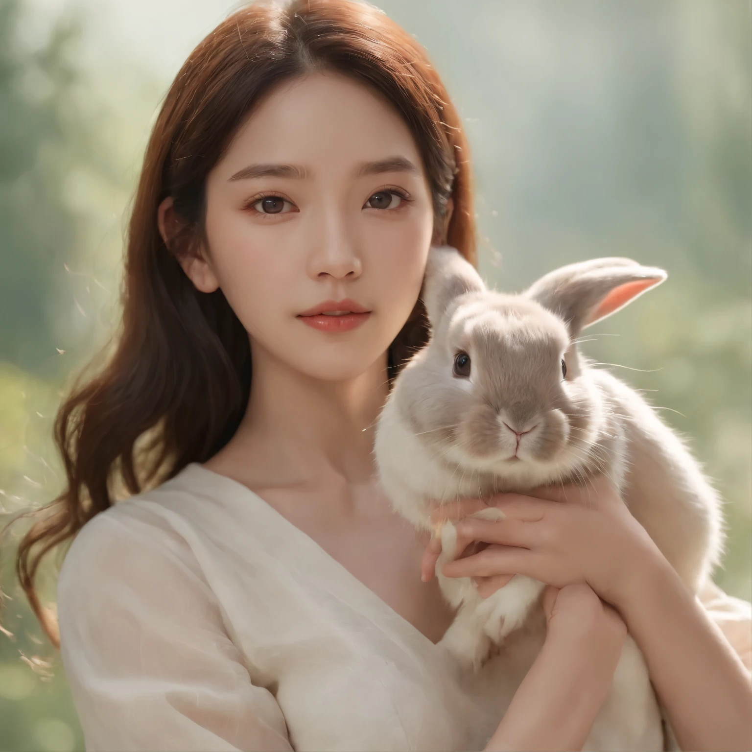 movie image quality,korean actress park shin hye from memories of alhambra kdarama with a cute rabbit, Disney animation, Disney animation style, Disney movie animation, 3D movies, Chinese style, explorer rabbit, walking through the colorful forest, with her rabbit fried, HD, children's painting, depth of fields, Light High, Real Light, Streak Traching, OC rendered, hyper-realistic, best quality, 8K, Master Works, super fine, detailed pubic hair, correct anatomy, sharp focus on eyes, bokeh, facial features are carefully described