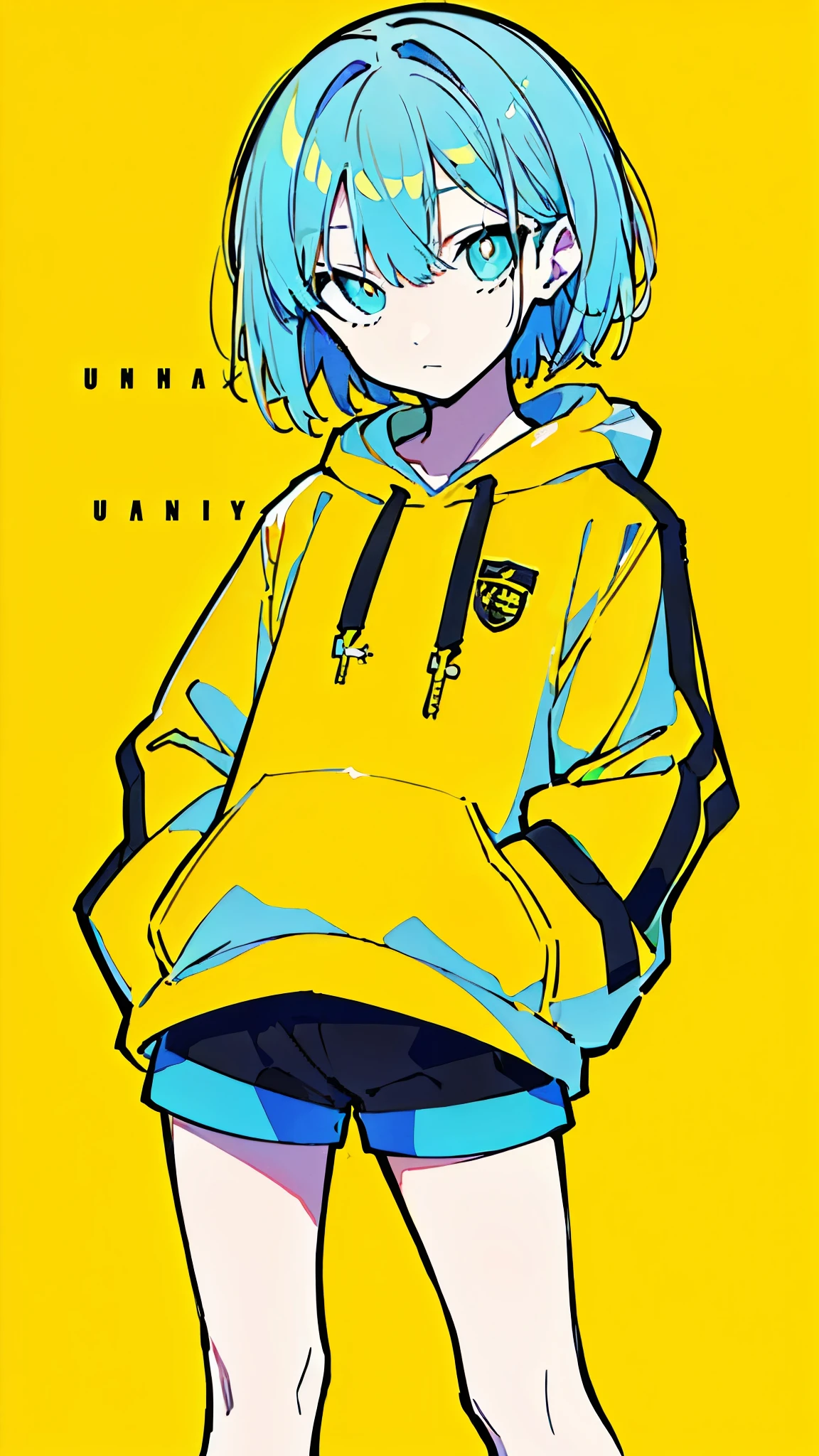 (masterpiece, highest quality:1.6), alone, thick outline, (simple background, Dark yellow background, monochrome, dark yellow theme:1.2), official art, Key Visual, 8K, disorganized, whole body, (Unique hair, Oversized Hoodies, hot pants, arch back, short torso:1.2), belly button, thighs, cowboy shot, HDR, sharp focus, High resolution, most detailed, very detailed, Super detailed, finely, detailed eyes and face, sharp pupils, realistic student, solo, contrast between yellow and light blue, solo, hands in pockets
