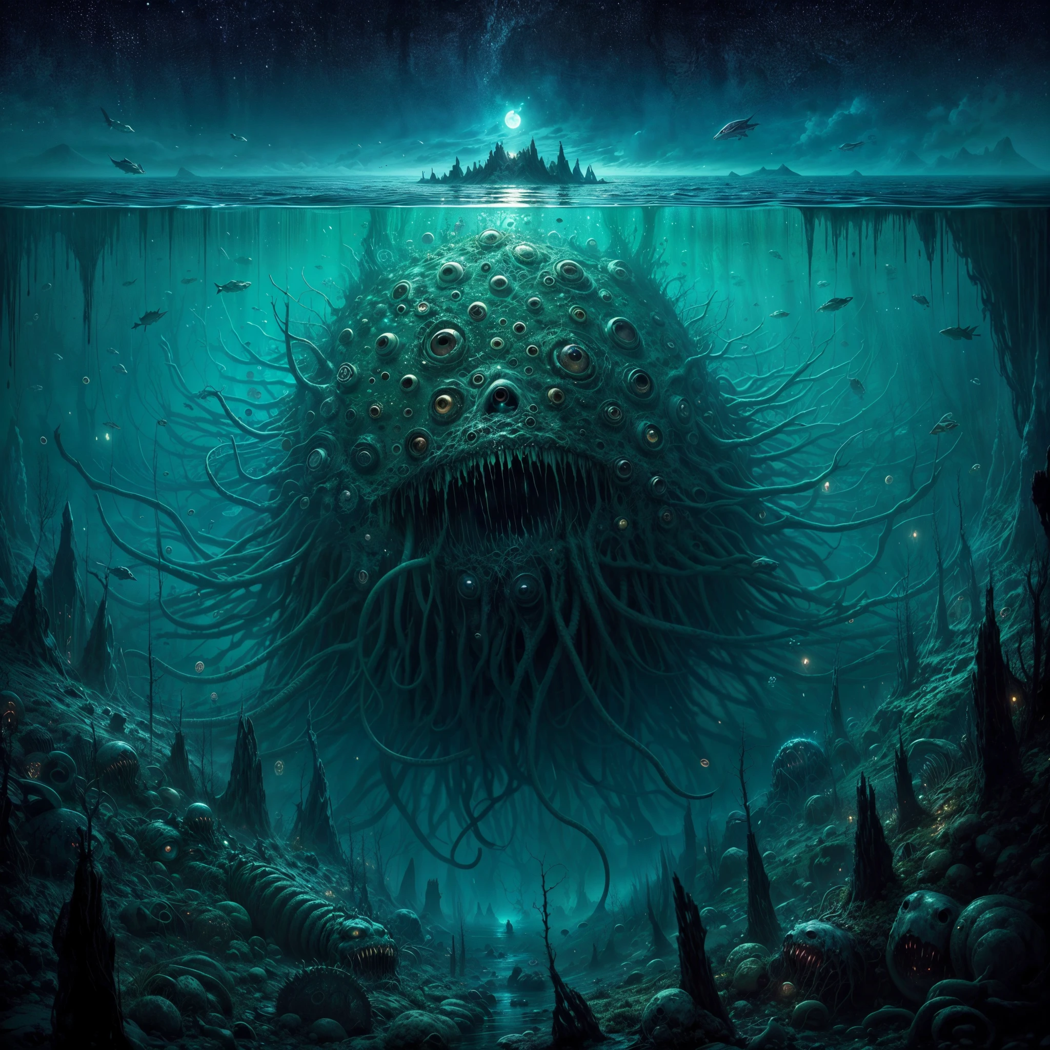 hp.lovecraft, image of a super deep lake,an eldritch being under it, horror environment , underwater eldritch being,lots of tentacles and eyes, just leaving a head on the surface of the water that looks like an island 