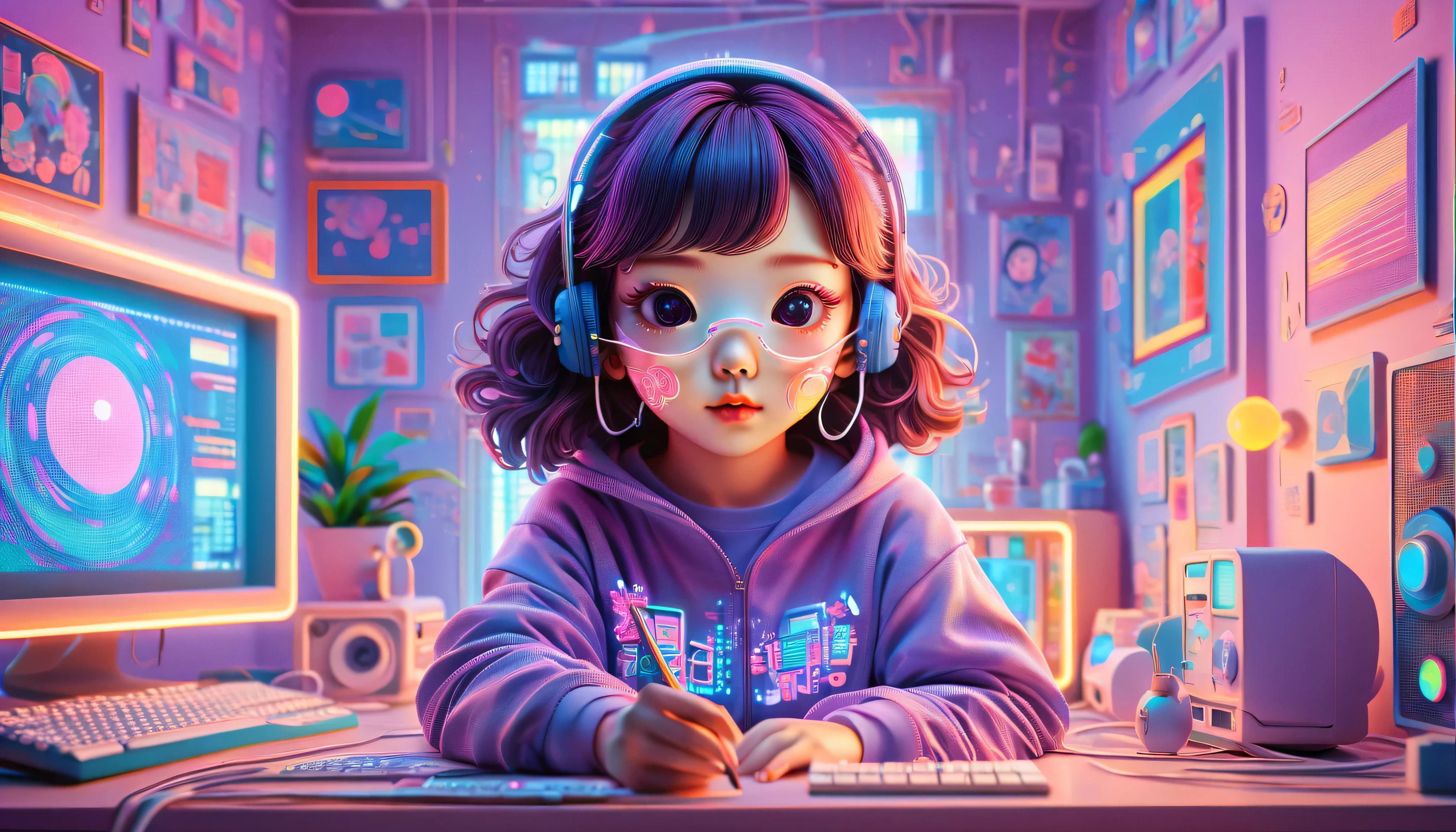 in style of Vaporwave, beautiful detailed, Vector illustration, Minimalistic, Digital illustration, vector illustration，Minimalism，digital illustration，Hackers wearing sweatshirts and masks working on，T-shirt design，dramatic lighting，Trends at art shows ，Award-winning，icon，Highly detailed cute bubbly Korean girl 8  Shim Eun Kyung chilling in home (D screen），（happy），（）Hold the microphone in your hand），（Jumping pose，dynamic action），Inspired by《strange her》，Shim Eun Kyung wears her hair in a slightly curled baby style，Very fair skin，，Wearing a purple embroidered lace dres
