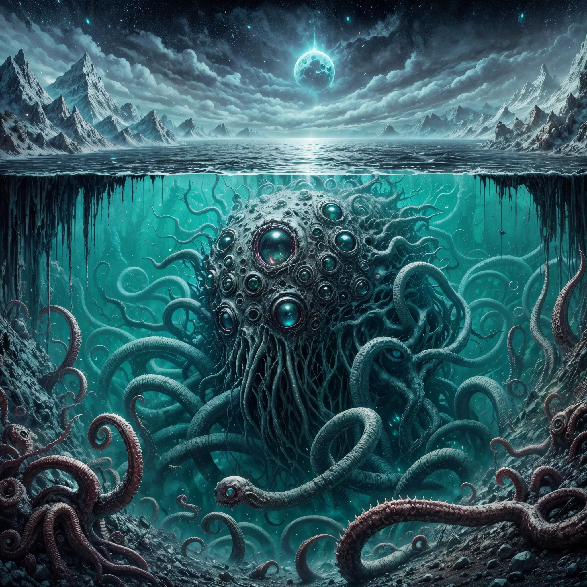 Resident evil,dark soul boss, Bloodborne,Lovecraft evils, monster, fantasy, dark, Smokey, many eyes, many tentacles, cloud like, floating, realistic, terrifying, otherworldly, destructive, pitch-black, holding a railgun made of bones, bloodstained,many mouths, many arms,tentacles, cursed human soul with desperate face,eirie,Lovecraft horror environment, ted mist