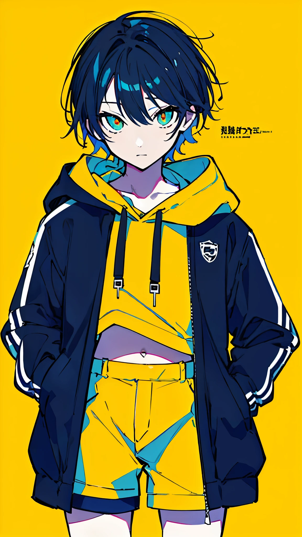 (masterpiece, highest quality:1.6), alone, thick outline, (simple background, Dark yellow background, monochrome, dark yellow theme:1.2), official art, Key Visual, 8K, disorganized, whole body, (Unique hair, Oversized Hoodies, hot pants, arch back, short torso:1.2), belly button, thighs, cowboy shot, HDR, sharp focus, High resolution, most detailed, very detailed, Super detailed, finely, detailed eyes and face, sharp pupils, realistic student, solo, contrast between yellow and light blue, solo, hands in pockets