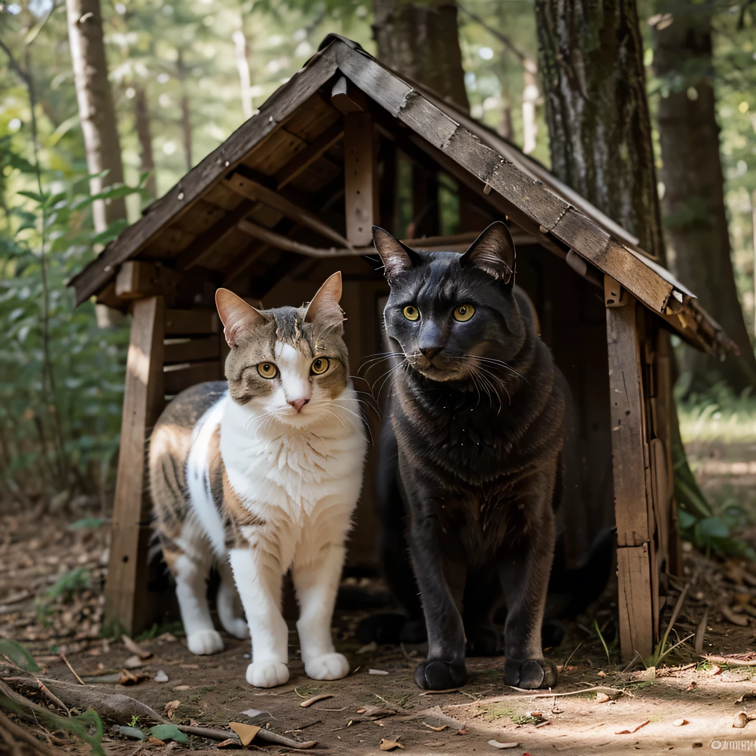 two blue birds are hiding from a cat under a mushroom in the forest in the style of Beatrix Potter