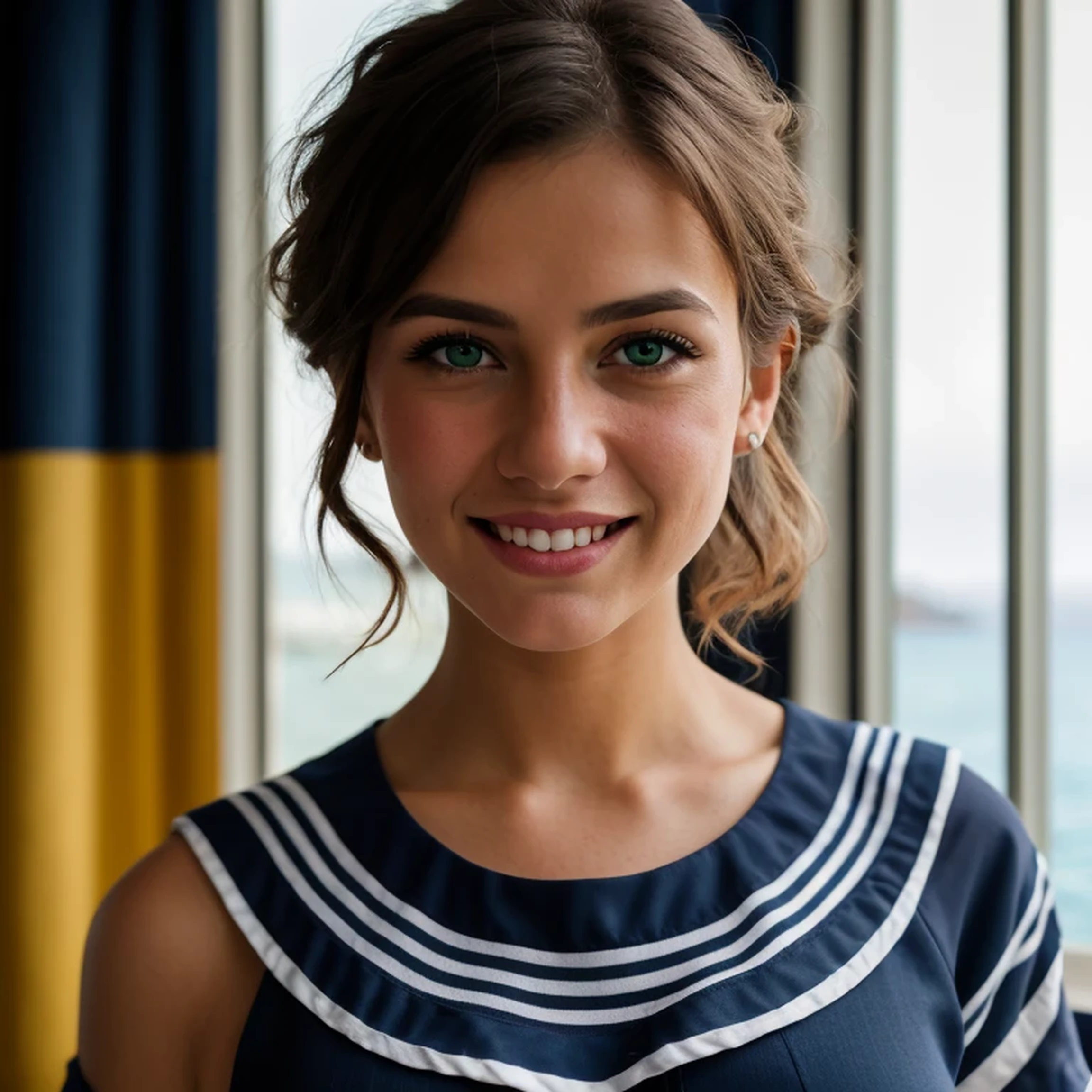 A photorealistic portrait of an incredibly beautiful girl, kurzes dunkelbraunes detailliertes Haar, looked over her shoulder and smiled seductively, detailliertes Gesicht, Super wohlgeformtes Gesicht, Blue-green eyes, tiny breasts, Coherent hands, High Resolution, ultrascharf, 8 TAUSEND, Meisterwerk, Entdecken Sie ein nautisches Thema mit einem marineblau gestreiften Matrosenoberteil, Shorts mit hoher Taille, Create a captivating portrait with a subject, which is wrapped in a colorful sarong, umrahmt von einer Kulisse, which suggests the tranquility of the coast, Objektiv 50mm, Blende F/4, natural light in the afternoon