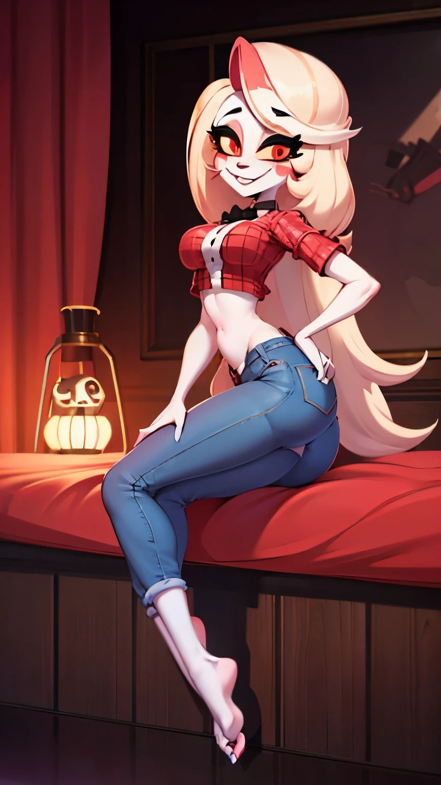 Charlie morningstar, hazbin hotel, sexy female, full body, 8k, film, masterpiece quality, semi realistic, high detail, big ass, cropped plaid shirt, cropped jeans, bare feet, visible calves, oily skin