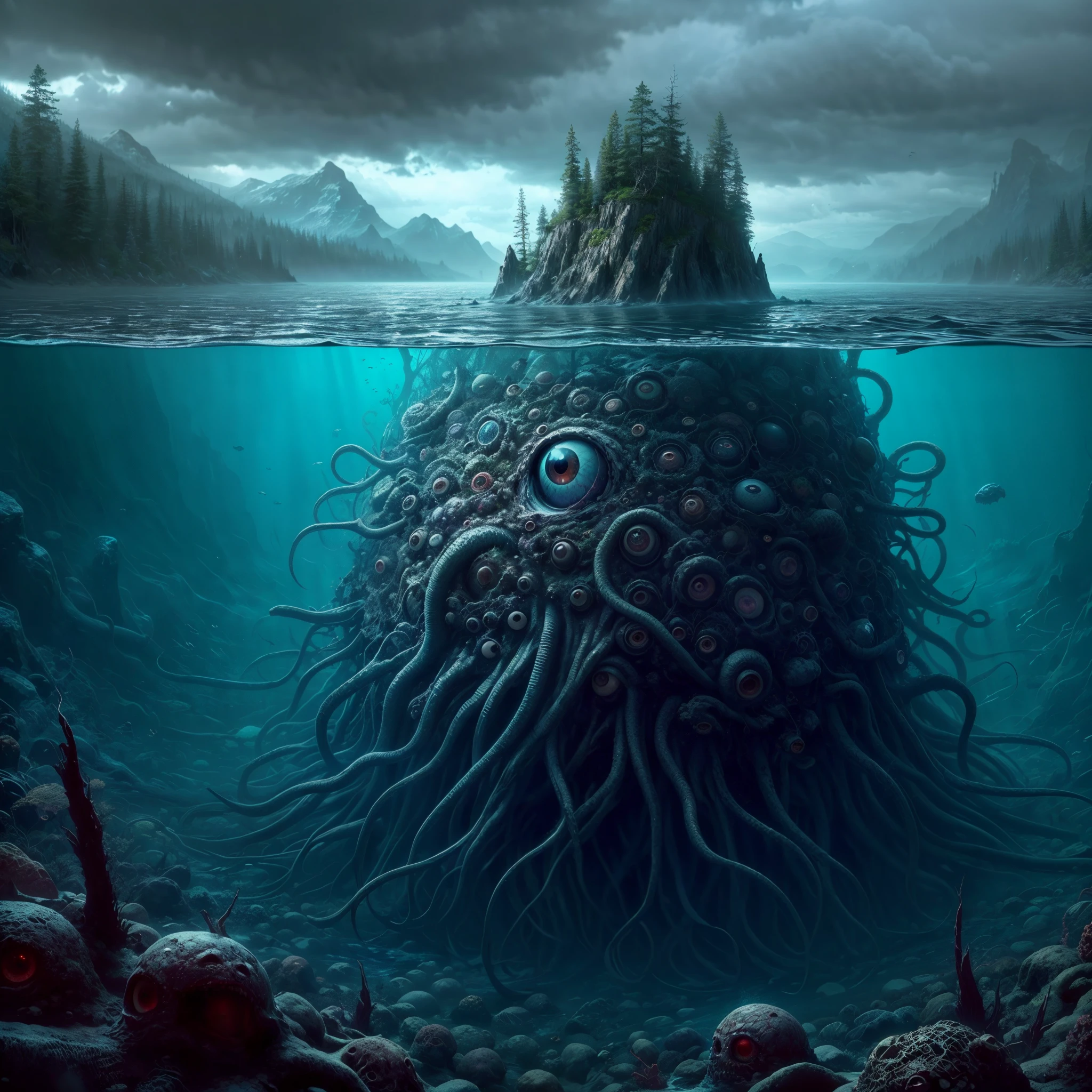 hp.lovecraft, image of a super deep lake,an eldritch being under it, horror environment , underwater eldritch being,lots of tentacles and eyes, just leaving a head on the surface of the water that looks like an island