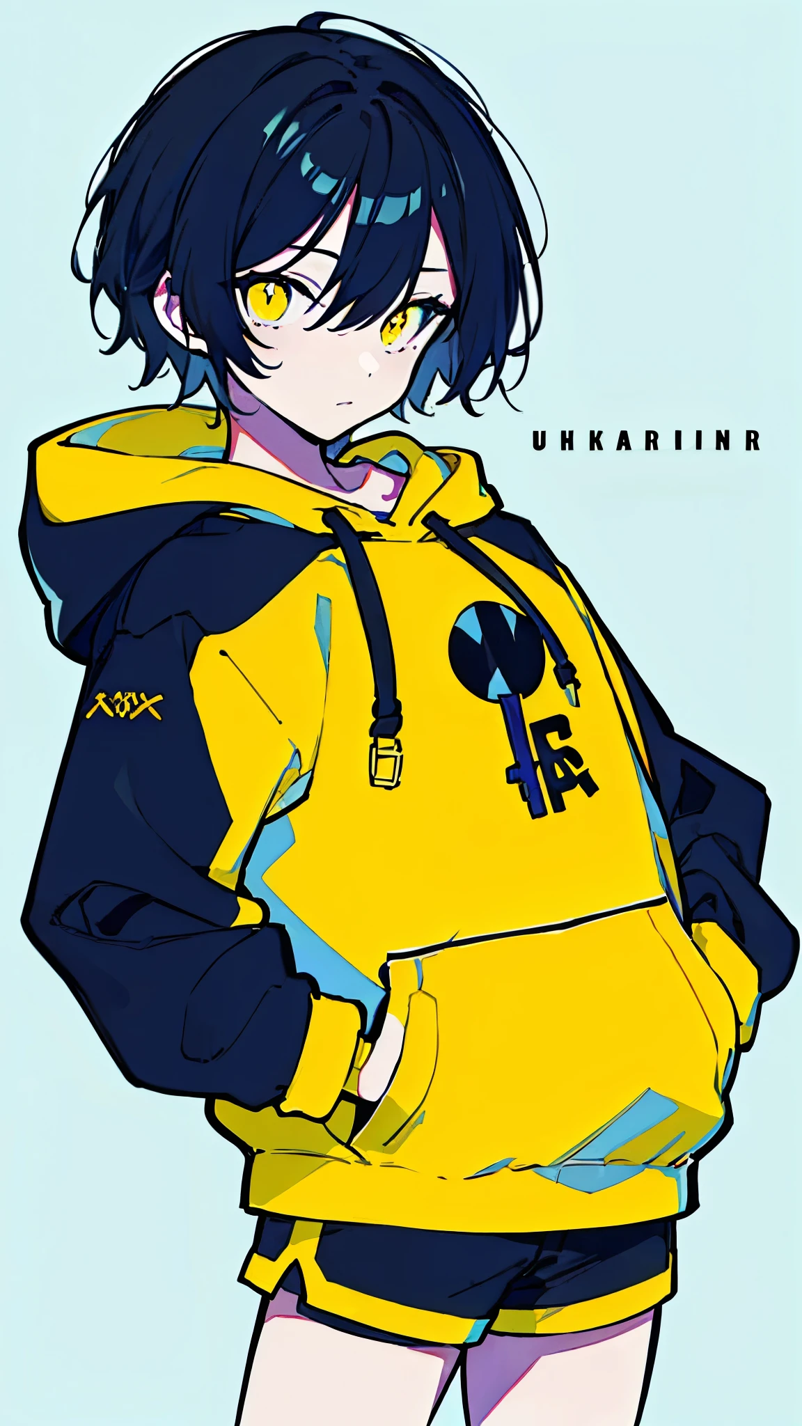 (masterpiece, highest quality:1.6), alone, thick outline, (simple background, Dark yellow background, monochrome, dark yellow theme:1.2), official art, Key Visual, 8K, disorganized, whole body, (Unique hair, Oversized Hoodies, hot pants, arch back, short torso:1.2), belly button, thighs, cowboy shot, HDR, sharp focus, High resolution, most detailed, very detailed, Super detailed, finely, detailed eyes and face, sharp pupils, realistic student, solo, contrast between yellow and light blue, solo, hands in pockets