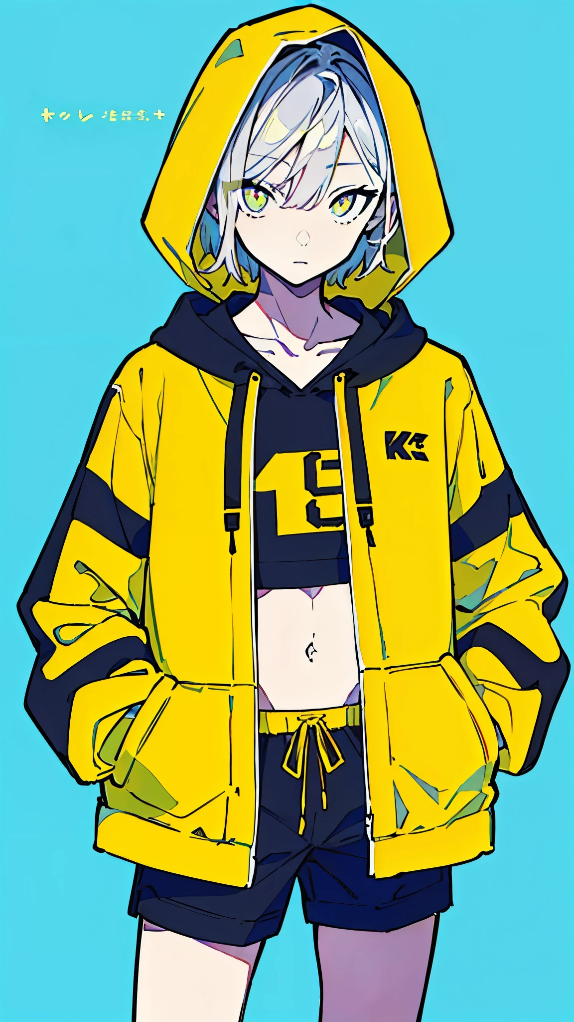 (masterpiece, highest quality:1.6), alone, thick outline, (simple background, Dark yellow background, monochrome, dark yellow theme:1.2), official art, Key Visual, 8K, disorganized, whole body, (Unique hair, Oversized Hoodies, hot pants, arch back, short torso:1.2), belly button, thighs, cowboy shot, HDR, sharp focus, High resolution, most detailed, very detailed, Super detailed, finely, detailed eyes and face, sharp pupils, realistic student, solo, contrast between yellow and light blue, solo, hands in pockets