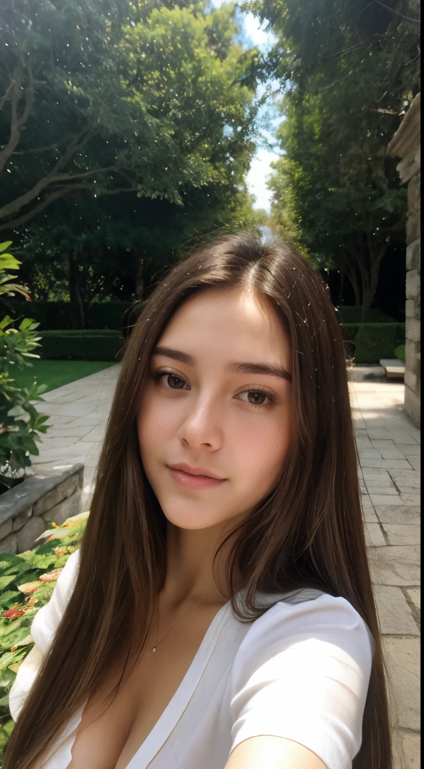 A 23-year-old blonde woman, ((pechos grandes)), ((hiperrealismo)) ,. blonde hair with light brown roots. cabello rubio, Hair with brown roots, cabello extra largo, cabello muy largo, really long hair, Beautiful, Front view, selfie, photo taken with iPhone, elegant black shirt with escote, escotada, selfie in the garden, high quality, selfie iPhone, cleavage